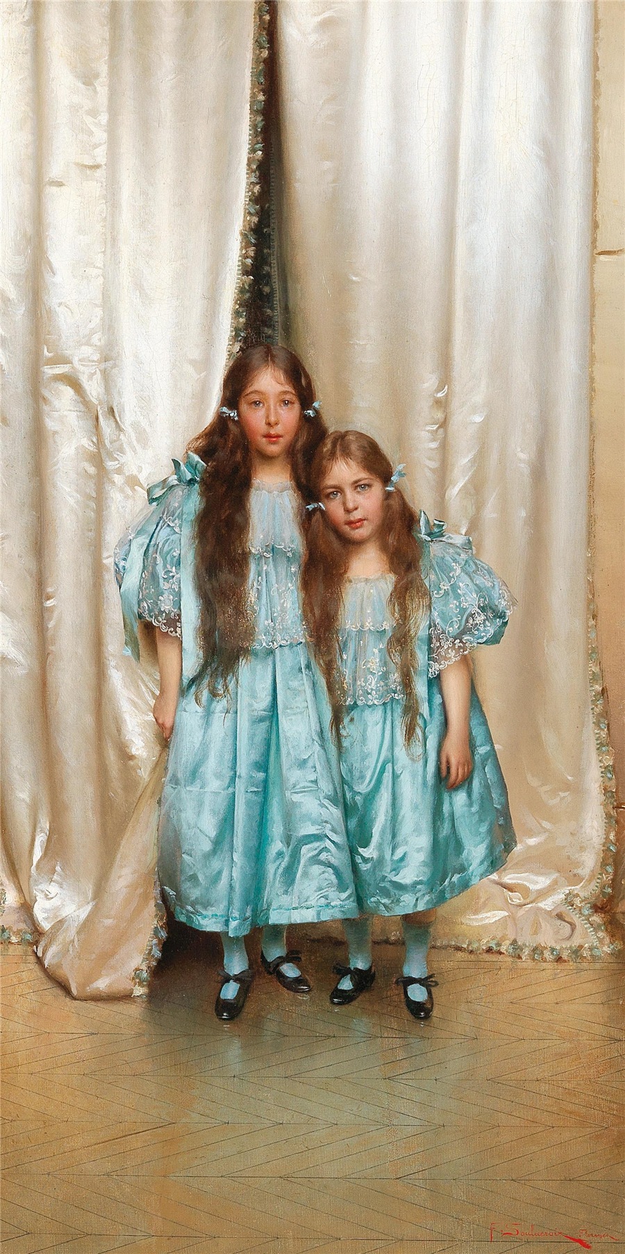 파란 드레스를 입은 두 친구 by Frédéric Soulacroix - ca 1898 - 72 x 35 cm 