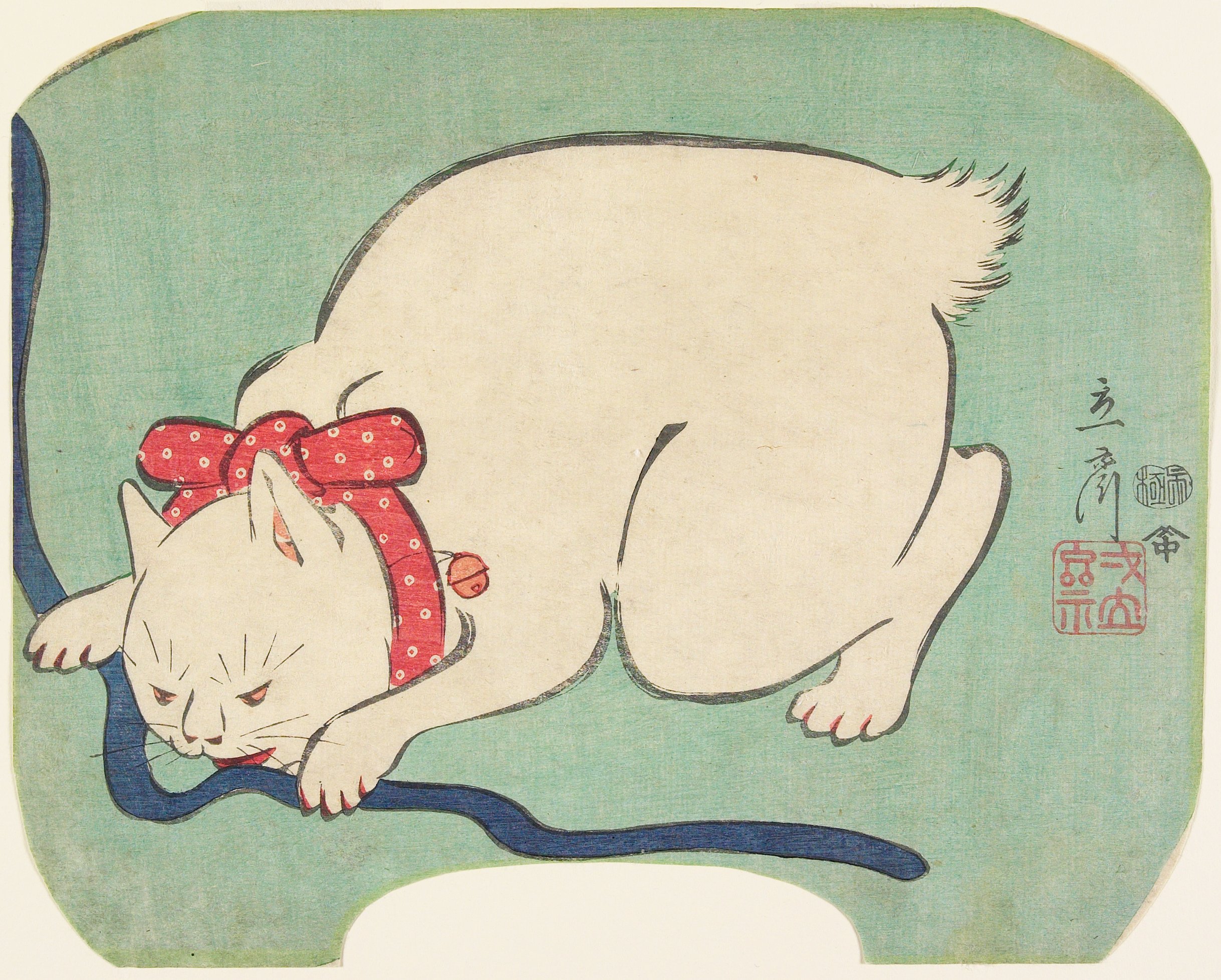 Een witte kat speelt met een touwtje by  Hiroshige II - 1863 - 21.3 × 26.7 cm 
