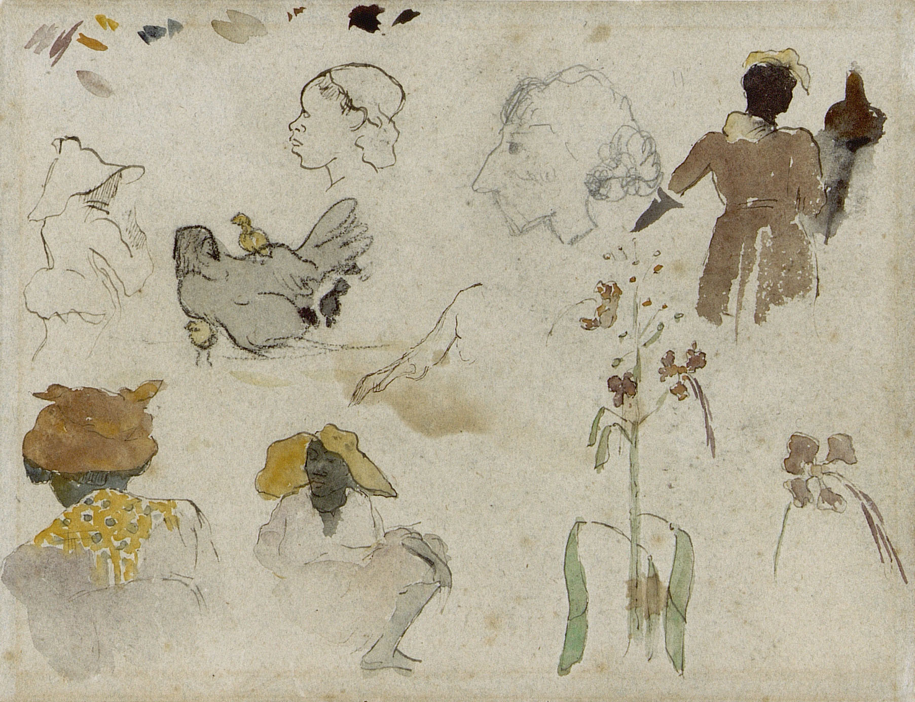 Szkic kilku postaci, kwiatów i zwierząt by Paul Gauguin - 1887 - 20.4 x 27 cm 
