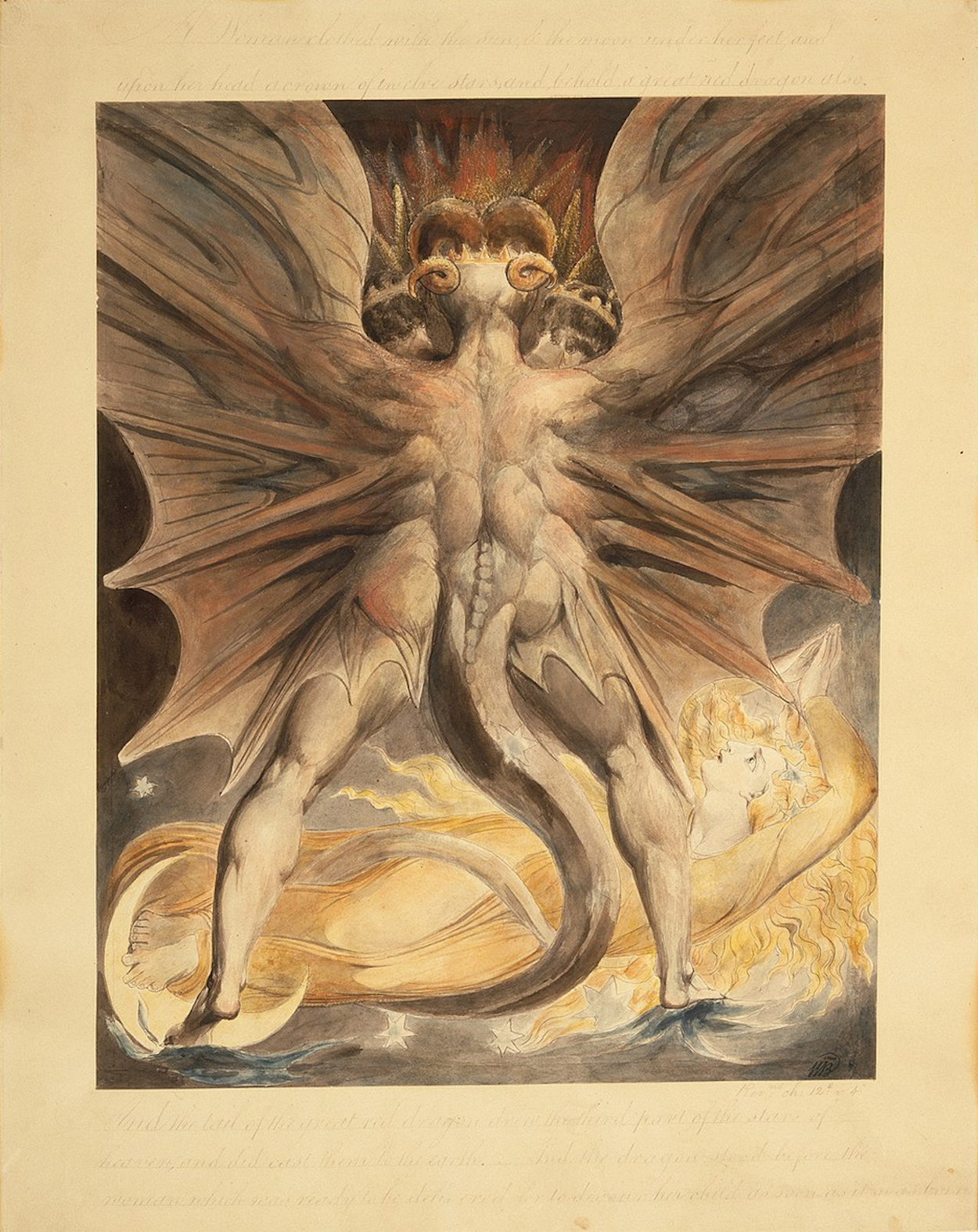 De rode draak en de vrouw gekleed in de zon by William Blake - 1803 - 1805 - 43.7 x 34.8 cm 