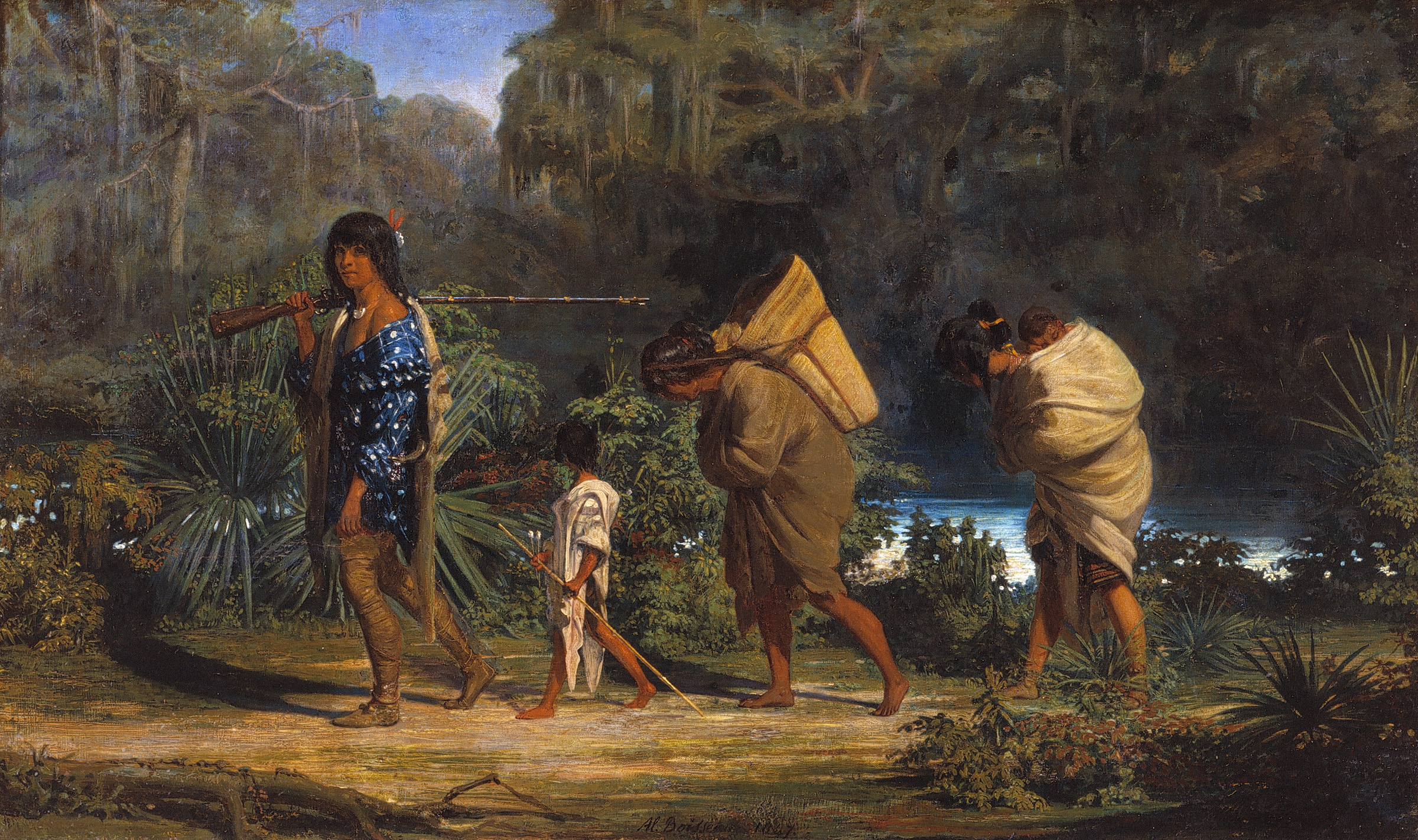 Louisiana Indians laufen entlang eines sumpfigen Flussarms by Alfred Boisseau - 1847 - 24 x 40 in. New Orleans Museum of Art