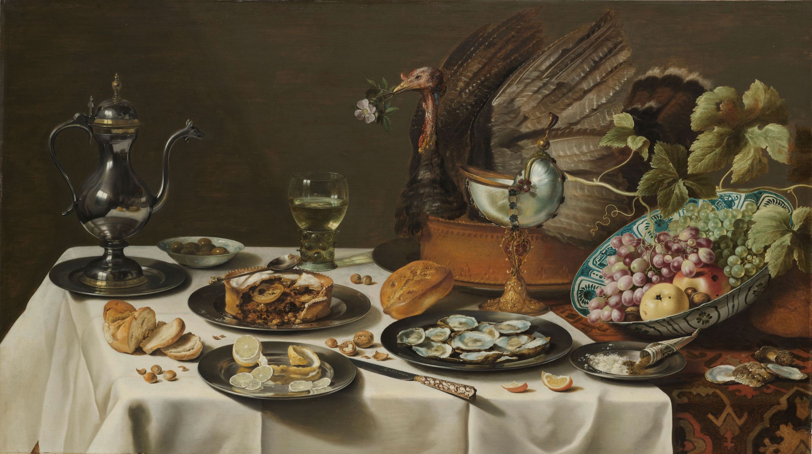 Zátiší s krůtím koláčem by Pieter Claesz - 1627 - 75 x 132 cm 