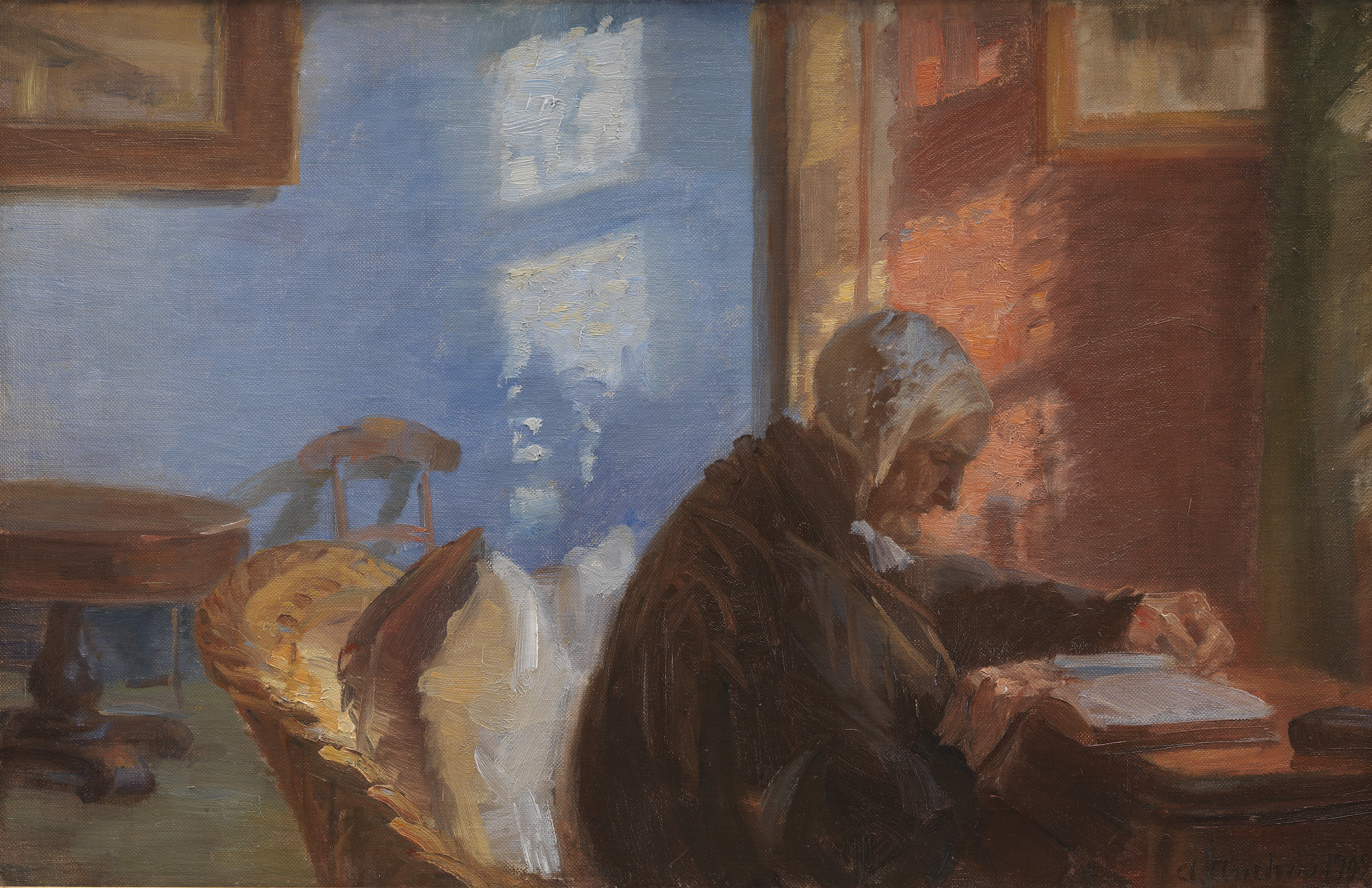A Mãe da Artista, Ane Hedvig Brøndum, no Quarto Azul by Anna Ancher - 1909. - 38,8 x 56,8 cm 