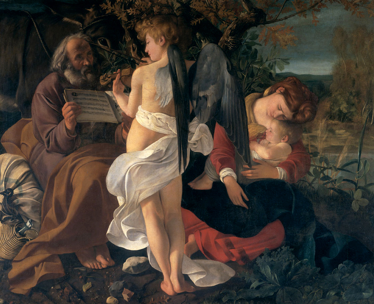 मिस्र में पलायन करते समय आराम करना  by  Caravaggio - लगभग. 1597  - 135.5 × 166.5 सी.मी  