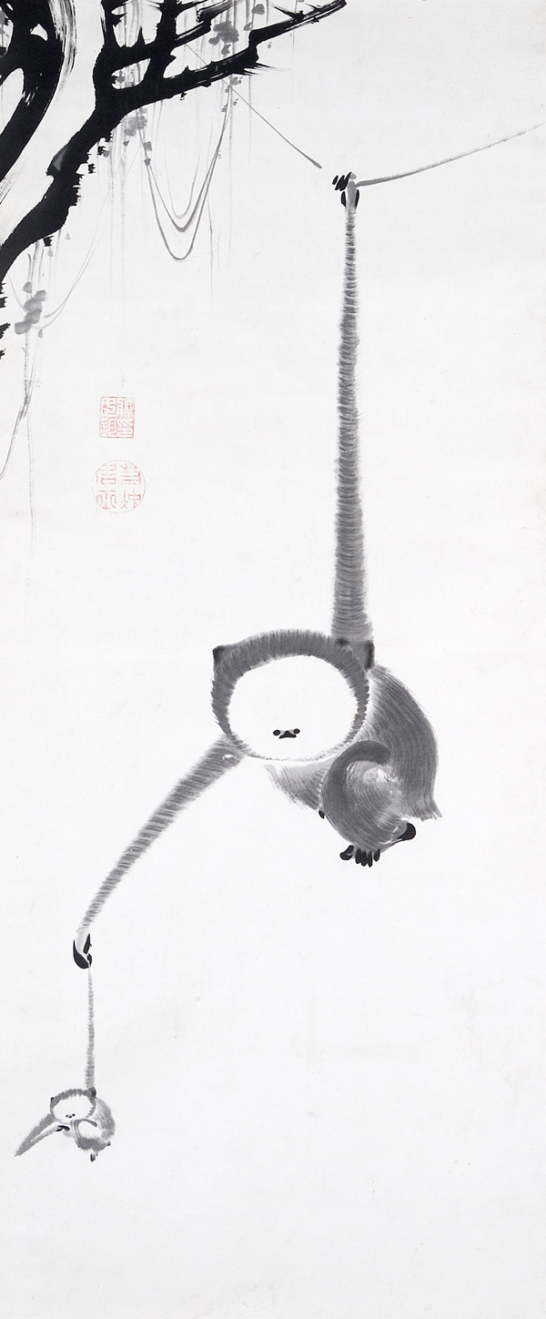 قردا مكاك يحاولان الوصول للقمر by Itō Jakuchū - 1770 - 114.9 x 48.4 سم 