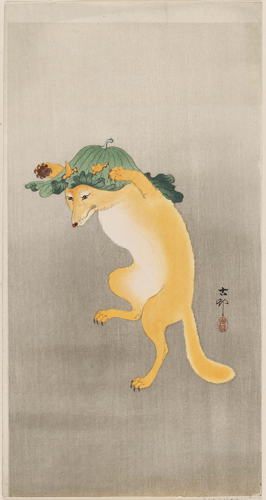 戴荷葉帽跳舞的狐狸 by Ohara Koson - 1900s–1910s - 36.3 x 19 cm 