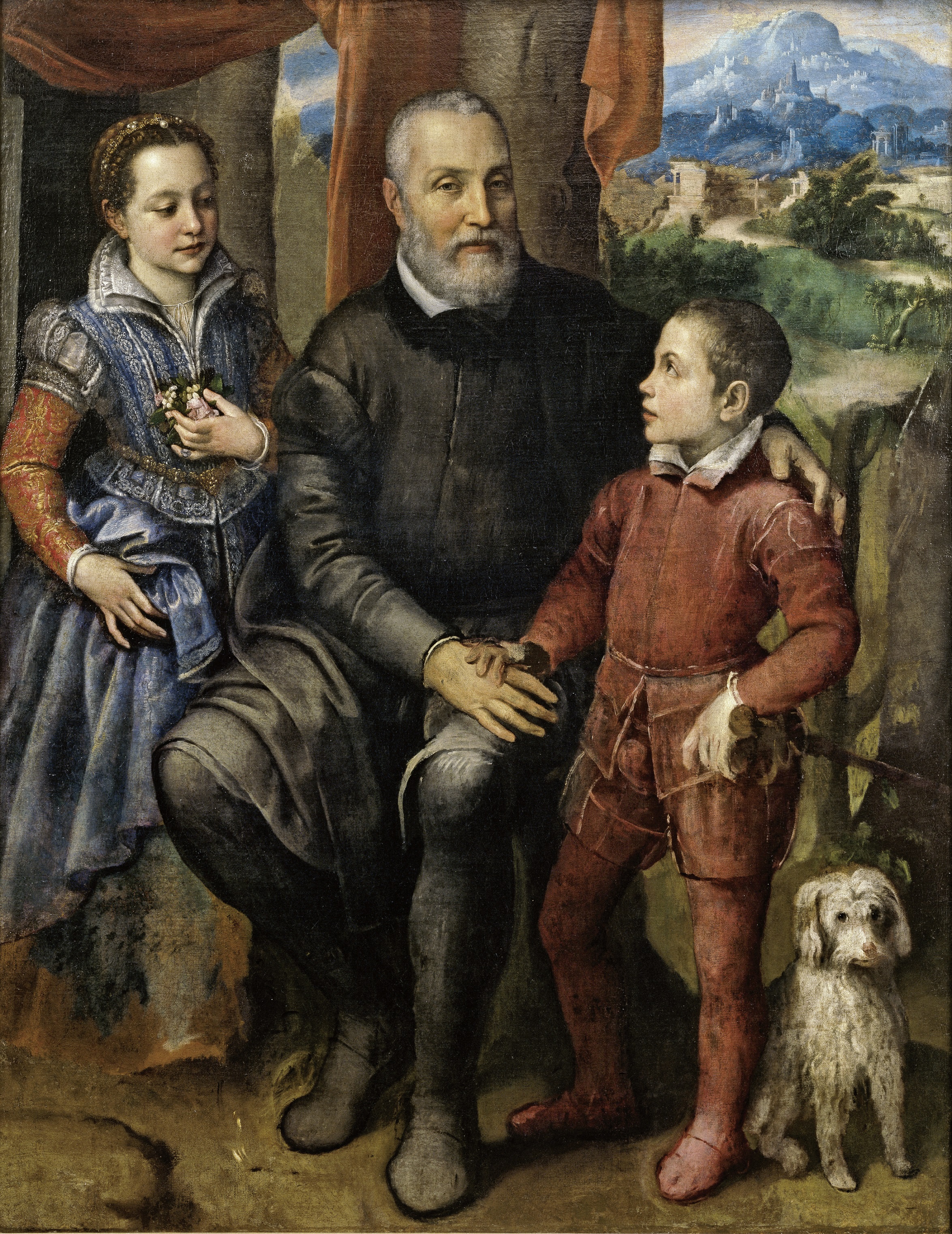 कलाकार के पिता एमिलकेयर एंगुइसोला, ब्रदर एस्ट्रुबेल और सिस्टर मिनर्वा के साथ पोर्ट्रेट समूह by Sofonisba Anguissola - सी ए. १५५९ - १५७ x १२२ से। मी 