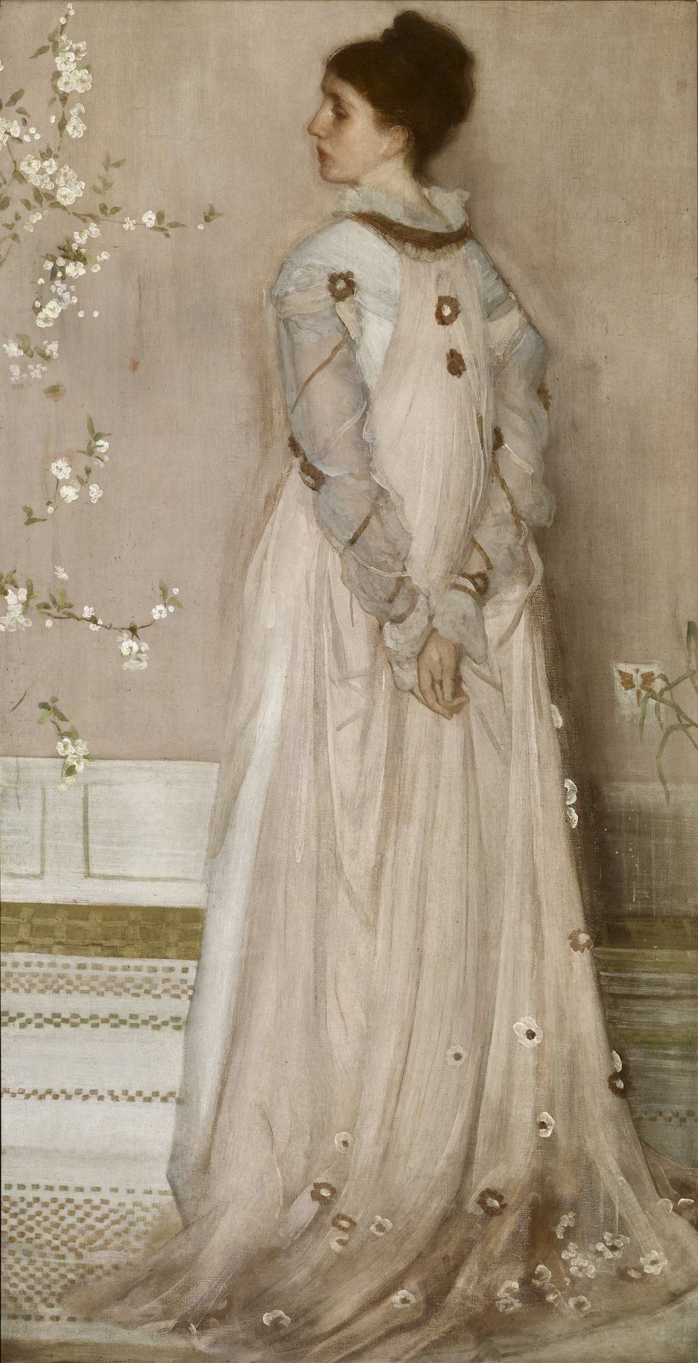 Symphony in Flesh Color and Pink: Portrait of Mrs. Frances Leyland by James Abbott McNeill Whistler - 1871–74 - 77 1/8 x 40 1/4 inches The Frick Collection