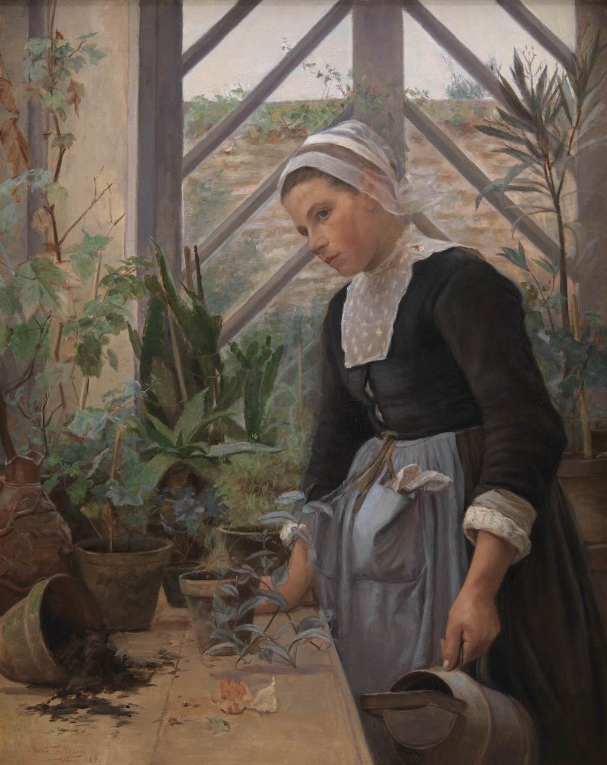 Garota Bretã Cuidando de Plantas na Estufa by Anna Petersen - 1884 - 121 x 110 cm 