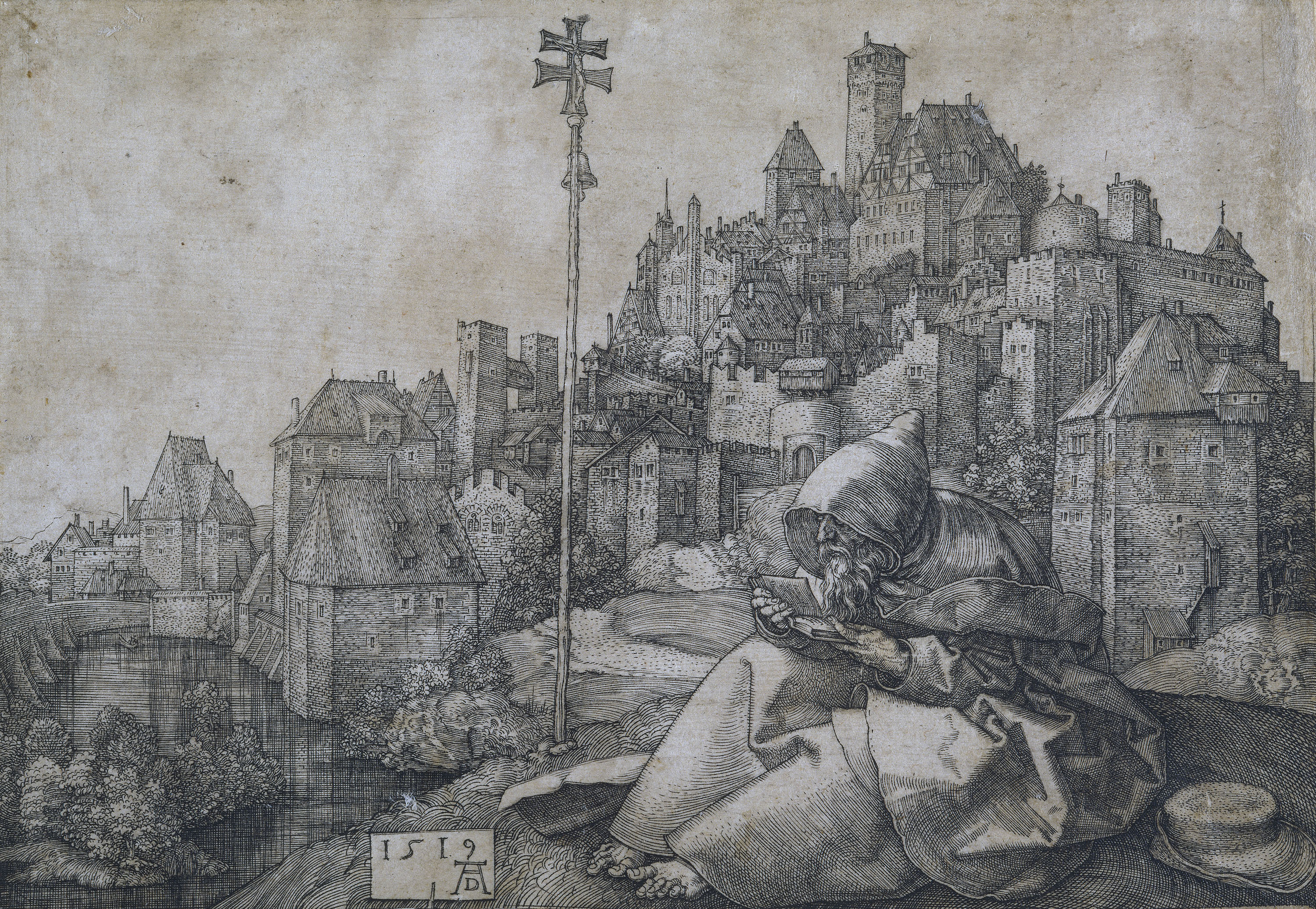 圣安东尼在阅读 by 阿尔布雷希特· 丢勒 - 1519 - 10 x 14.2 cm 
