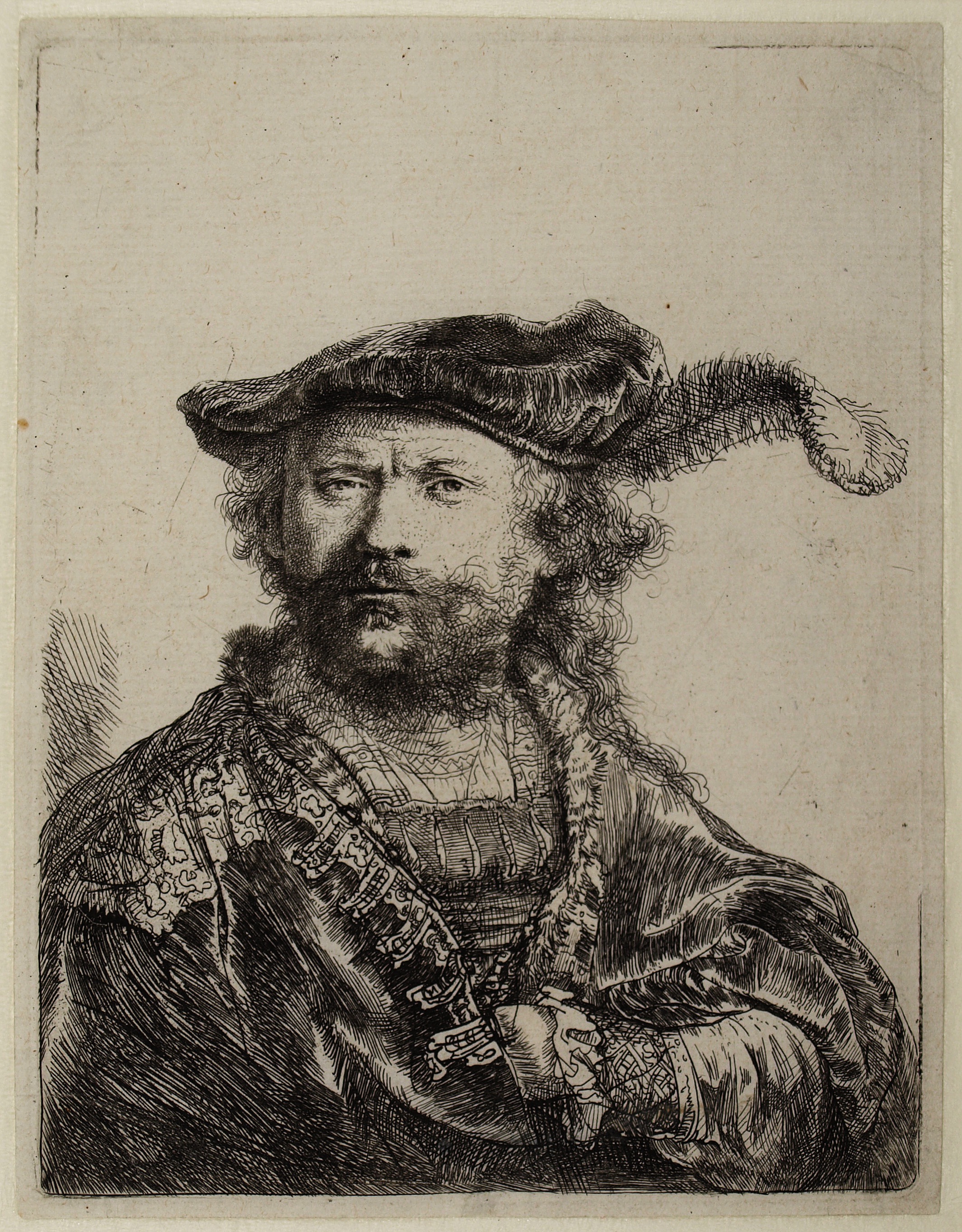 はね飾りのついたビロードの帽子をかぶった自画像 by Rembrandt van Rijn - 1638年 
