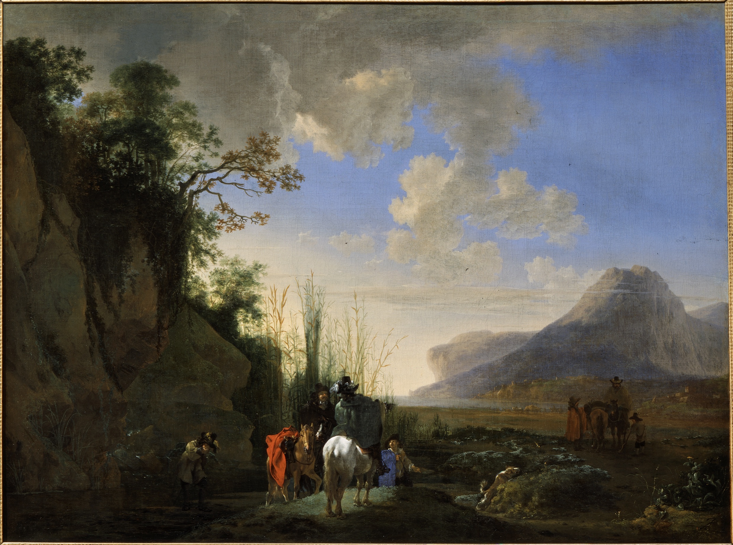 Scena nadbrzeżna z odpoczywającymi jeźdźcami by Jan Asselijn - ok. 1652 - 71 x 96 cm 