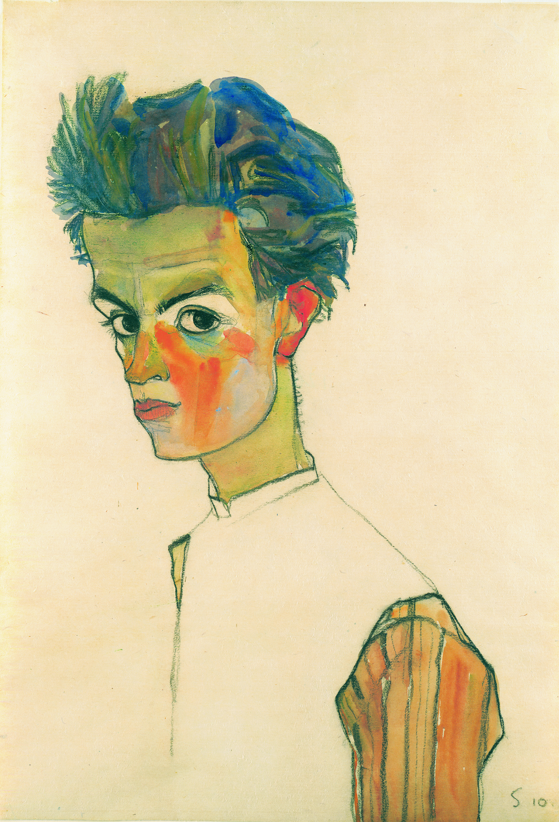 پرتره شخصی با پیراهن راه راه by Egon Schiele - ۱۹۱۰ 