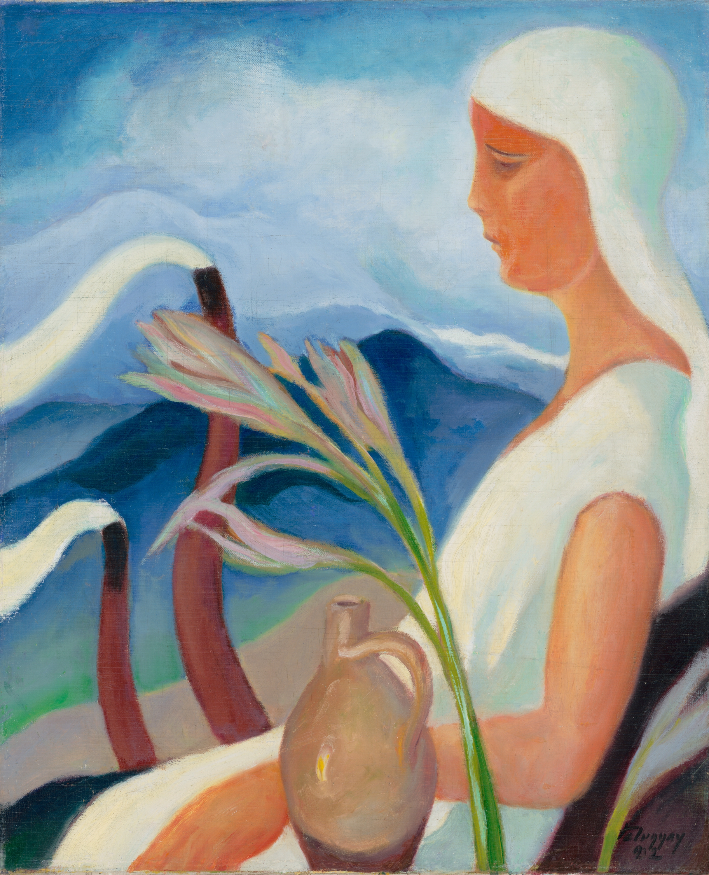 Dziewczyna w bieli z kominami fabrycznymi i kwiatami by Zoltán Palugyay - 1932 - 61.5 x 51.5 cm 