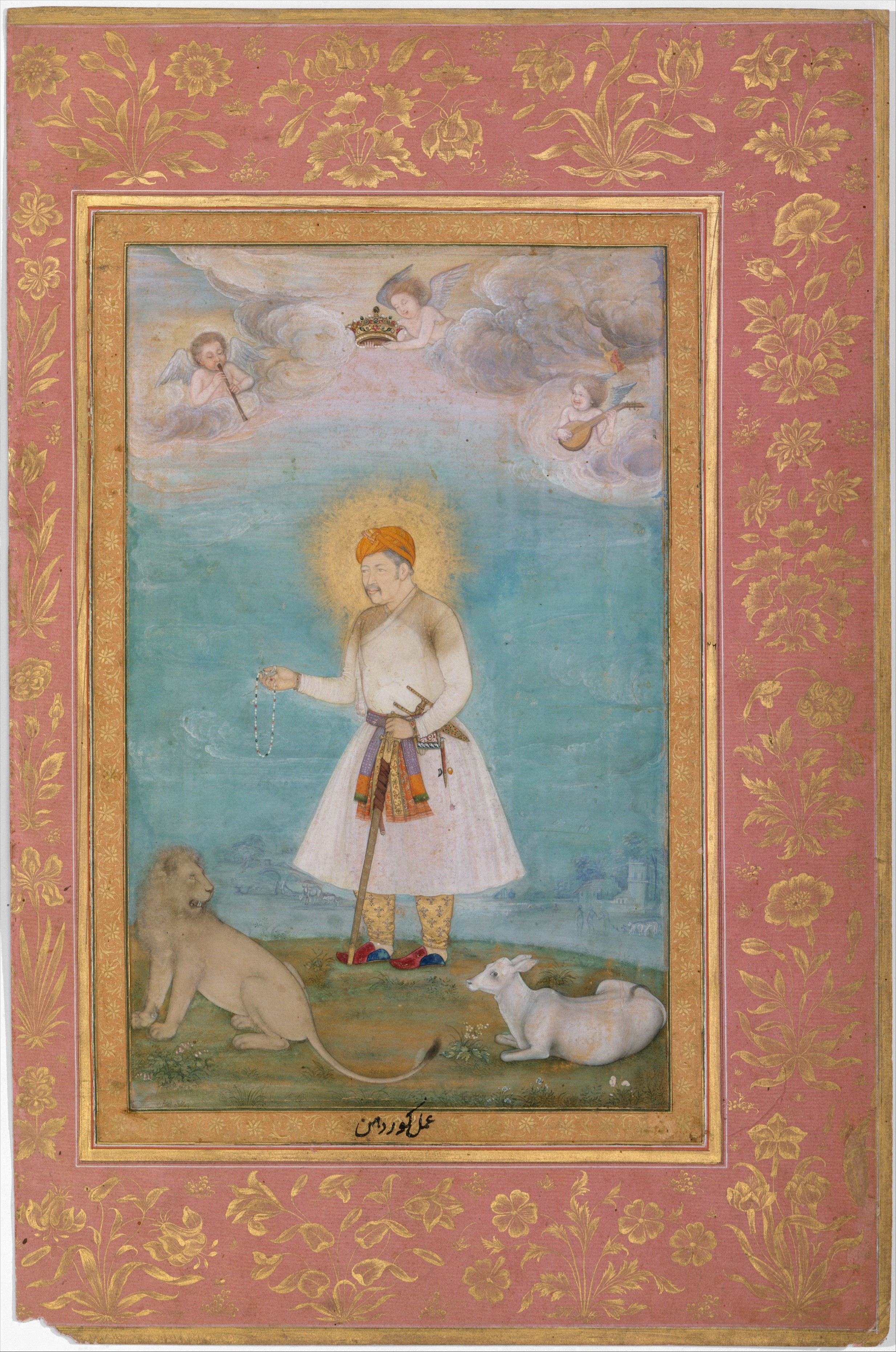 Akbar z lwem i cielęciem by  Govardhan - 1630 