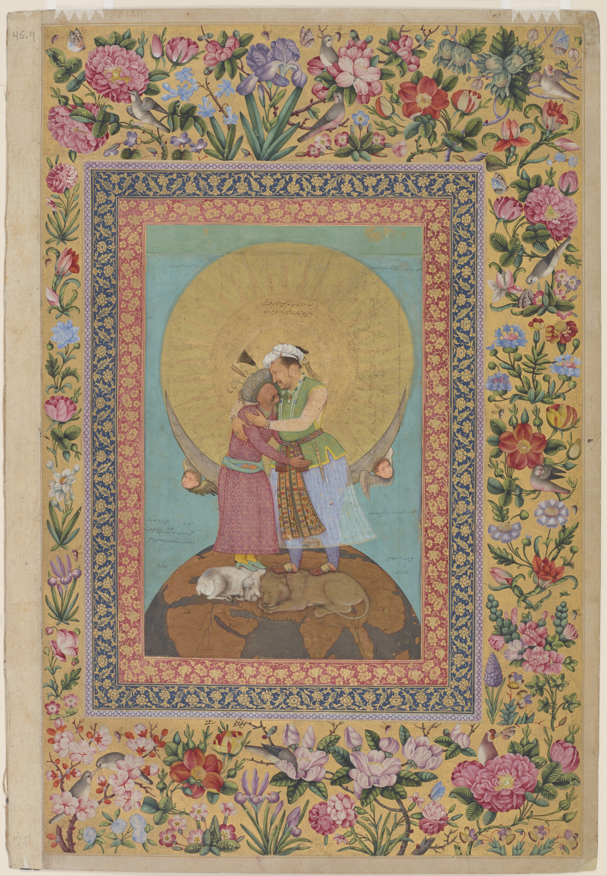 Alegoryczne przedstawienie cesarza Dżahangira i szacha Persji Abbasa by Abu al-Hasan - ok. 1618; 1747–48 (brzegi) - 23,8 x 15,4 cm 