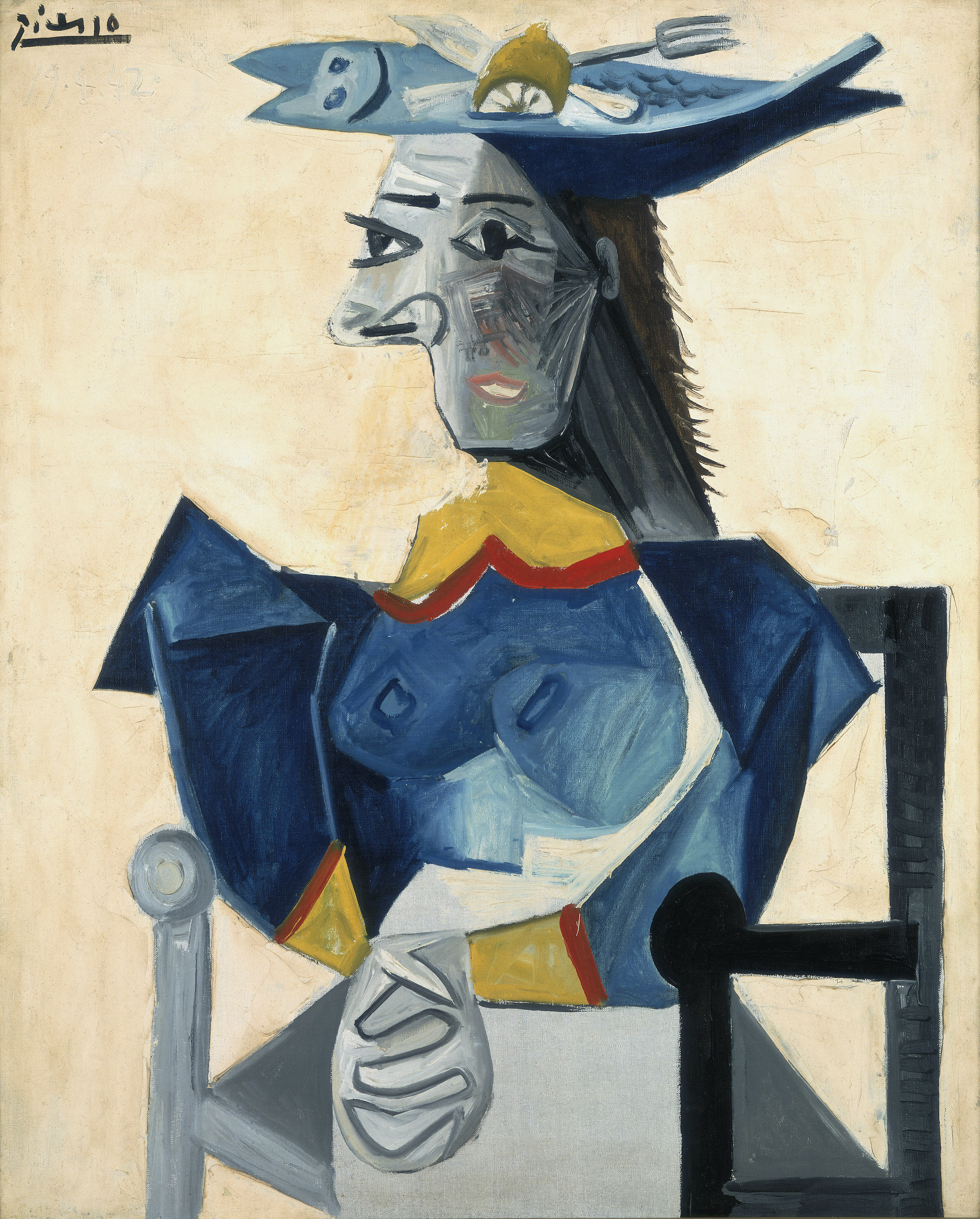 파블로 피카소의 생선 모자를 쓰고 앉아있는 여인(Seated Woman with Fish-Hat) by Pablo Picasso - 1942 - 123 x 103.5 cm 