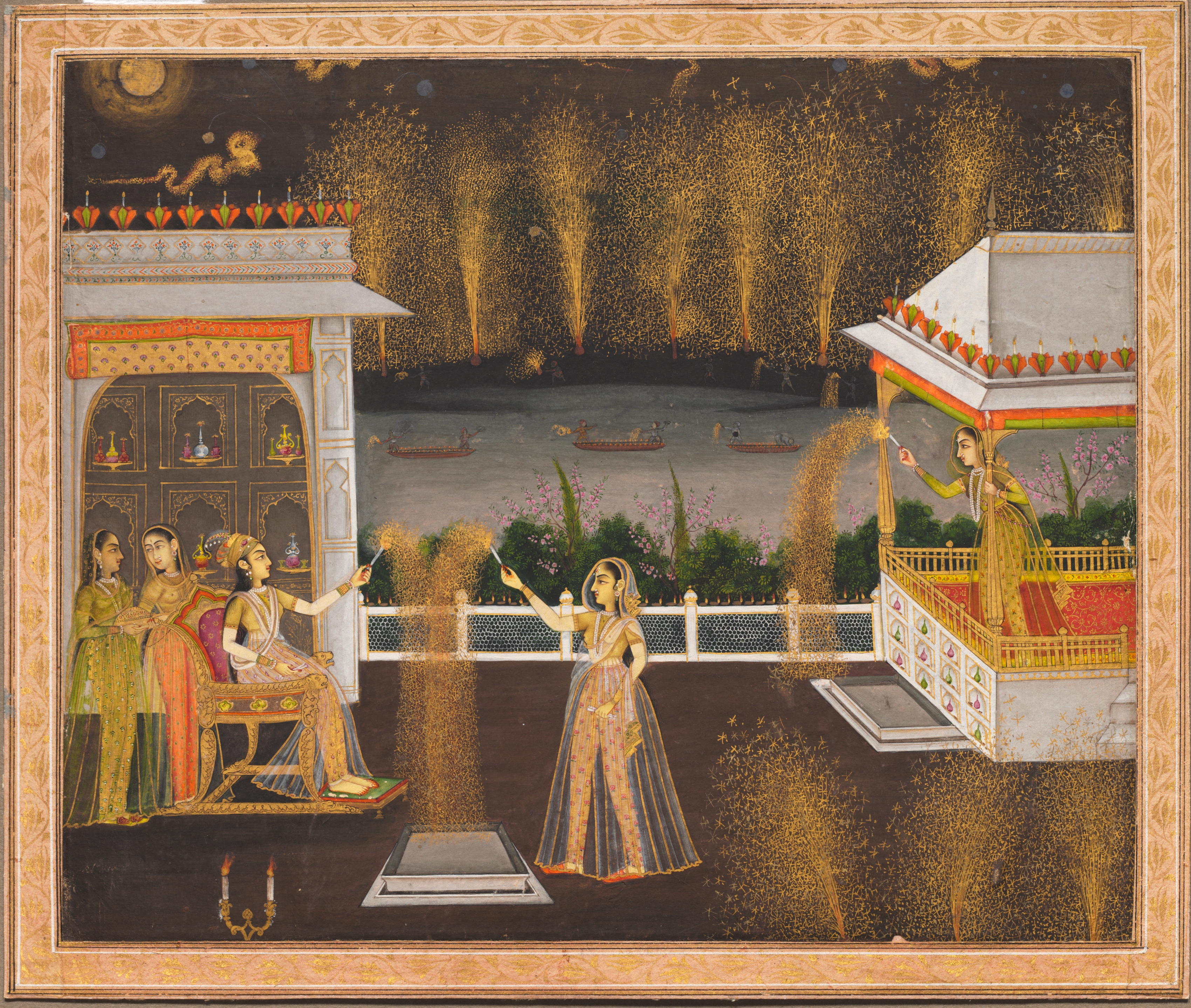 Ladies Celebrating Diwali by Unknown Artist - cr. 1760 - 20.5 x 24.7 cm Cleveland Museum of Art