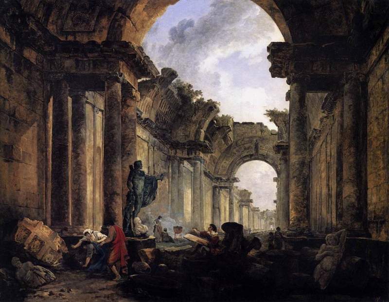 Vista Imaginária da Grande Galeria do Louvre em ruínas by Hubert