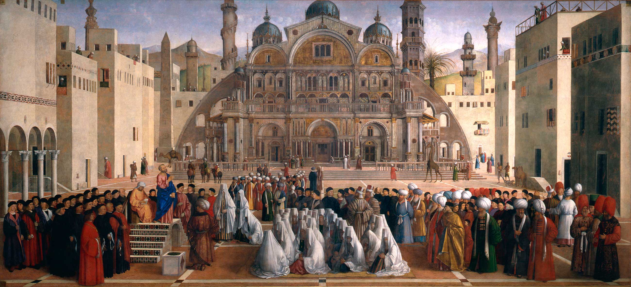 Marcus de evangelist predikt in Alexandrië by Gentile Bellini and Giovanni Bellini - 1504-07 - 347 × 770 cm 