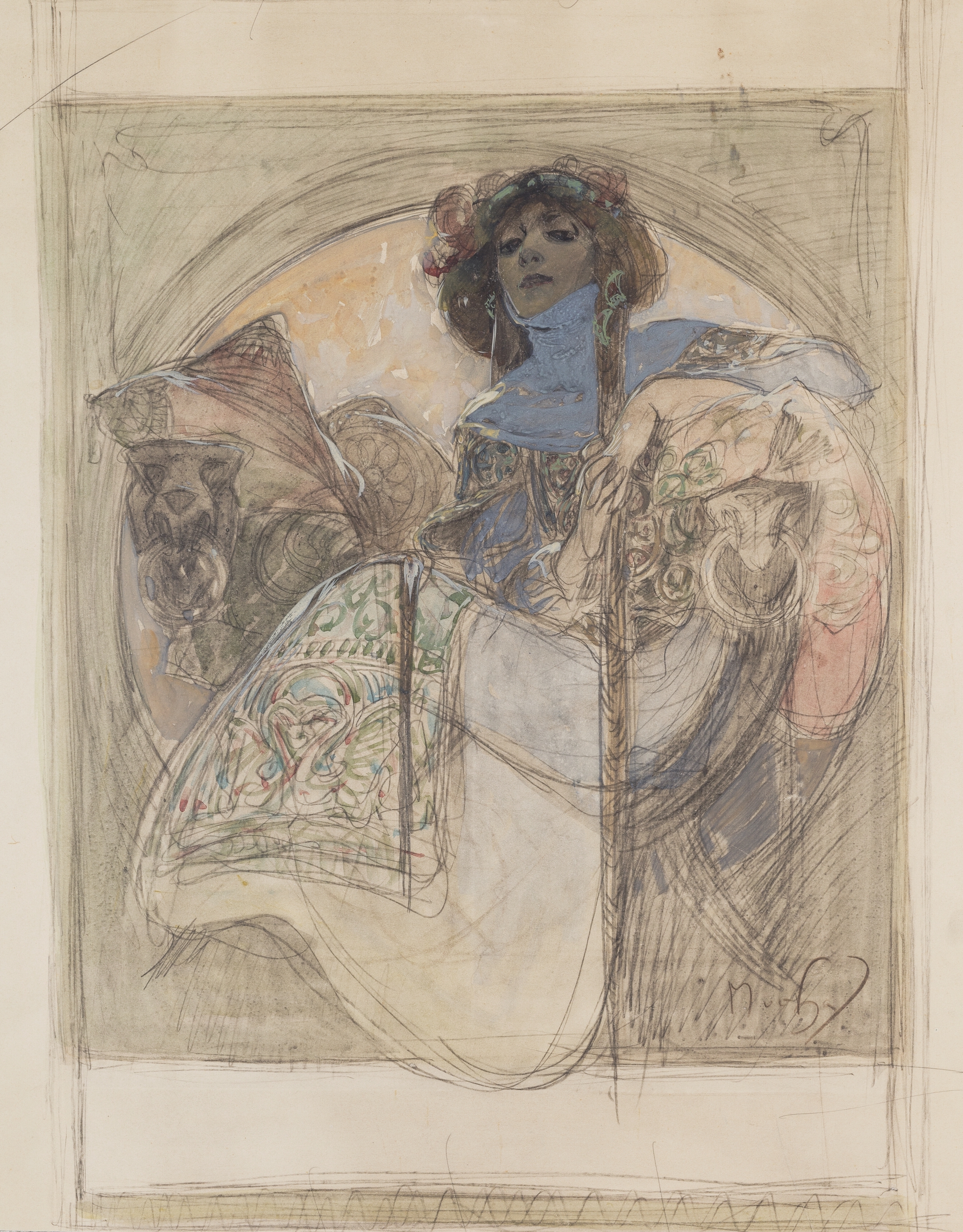 إمرأة جالسة - دراسة لملصق by Alphonse Mucha - ١٨٩٧ - ٤٣،٧ سم x ٤٩،٦  