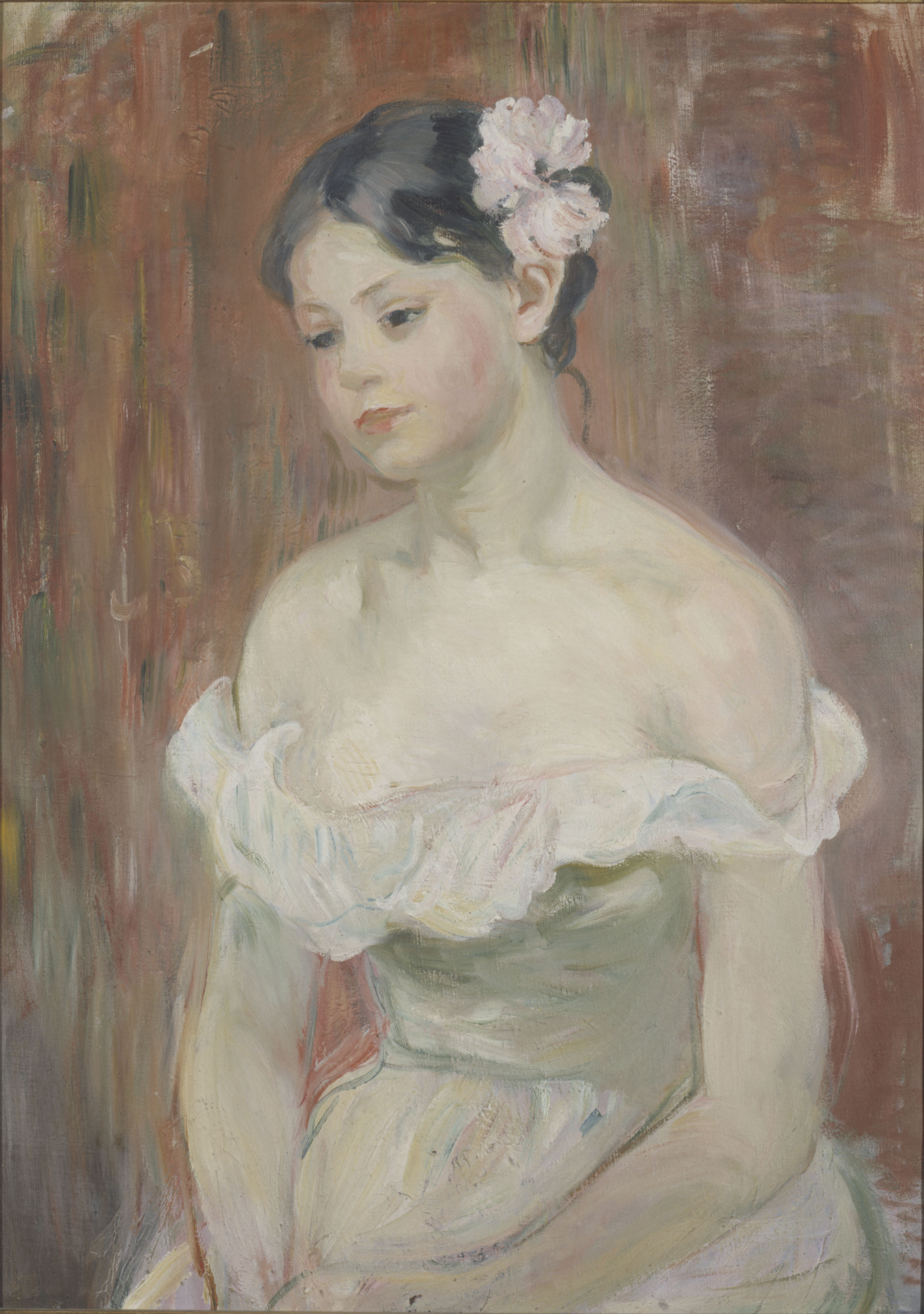 穿著低胸連衣裙，頭髮上別著花的年輕的女孩 by Berthe Morisot - 1893 - 70 x 51.5 cm 