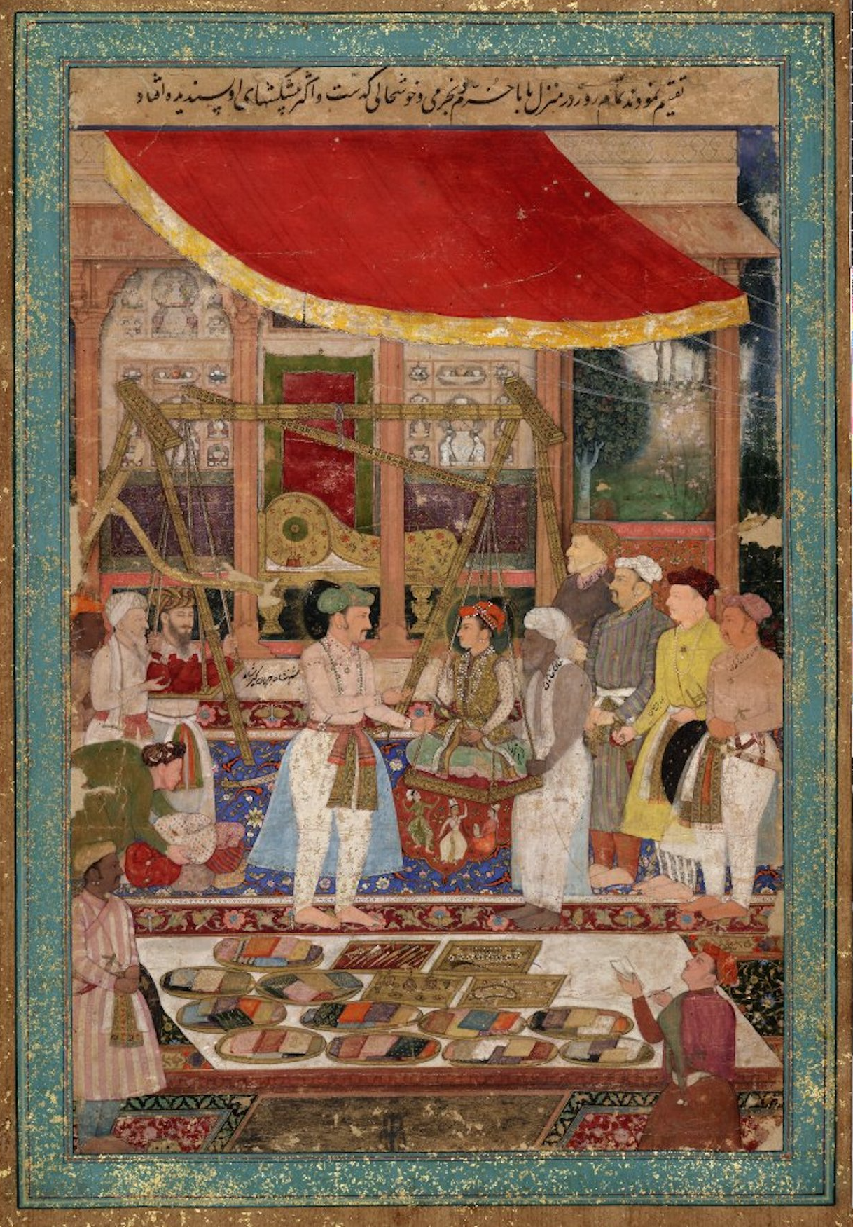 Keizer Jahangir Weegt Prins Khurram in Goud by Manohar  - 1610 - 1615 - 29.5 x 44.3 cm 