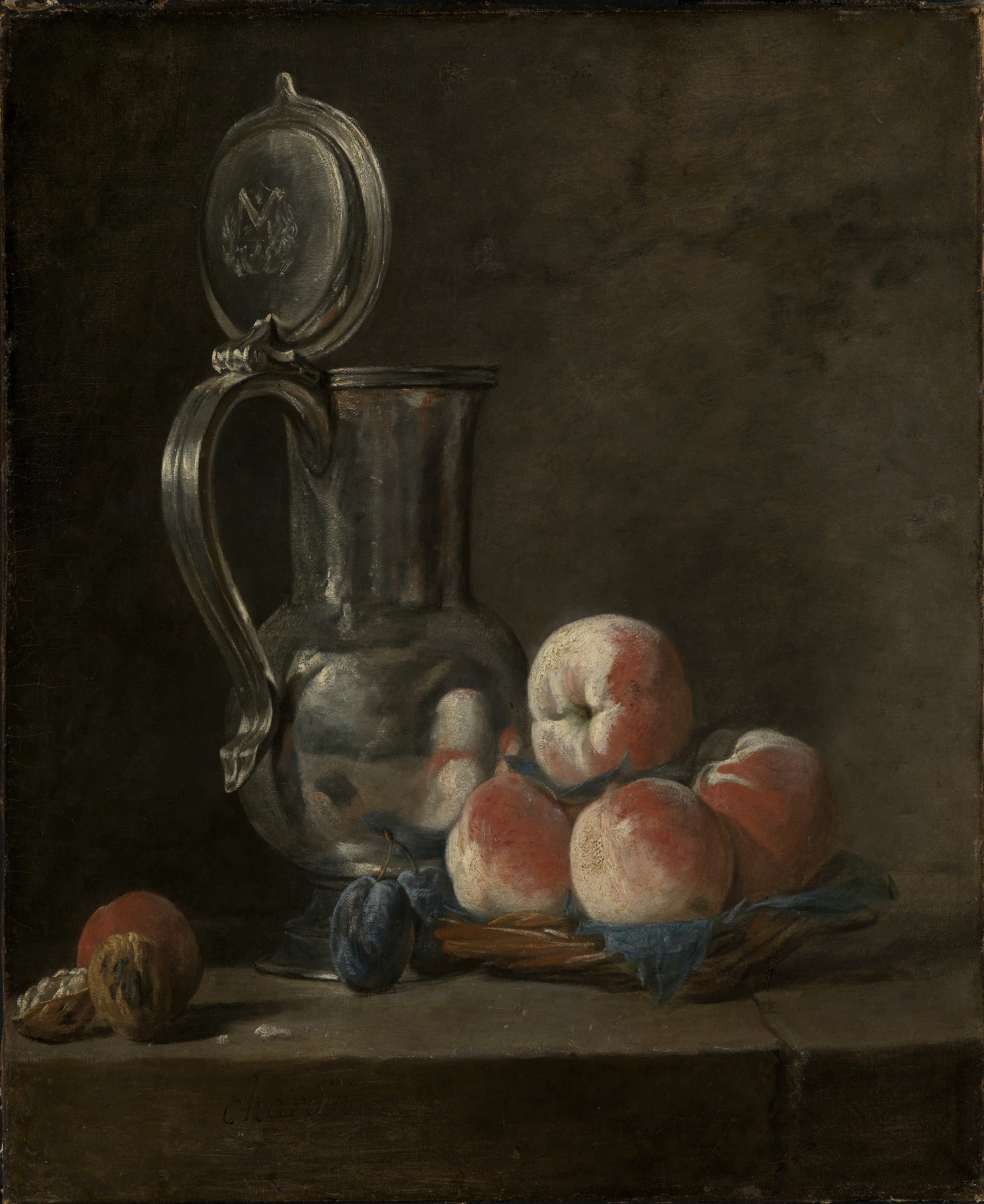 Still Life with Tin Pitcher and Peaches by Jean-Baptiste-Siméon Chardin - 1728 - 46 x 55,5 cm Staatliche Kunsthalle Karlsruhe