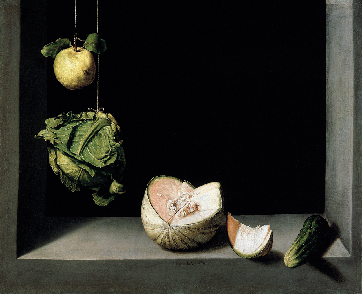 木梨、洋白菜、甜瓜和黄瓜的静物画 by 胡安 · 桑切斯 · 科坦 - ca. 1602 