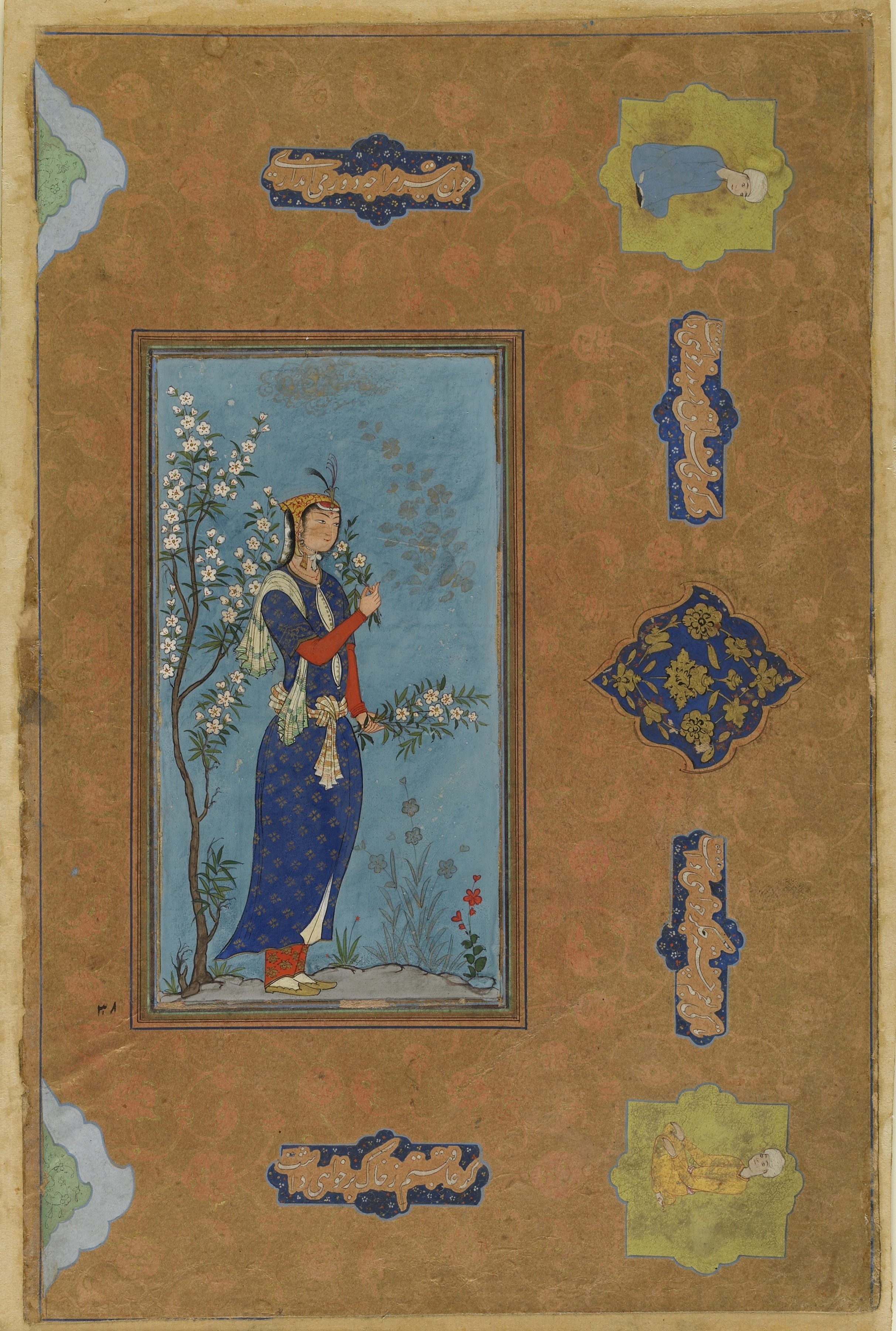 Woman with a Spray of Flowers by Unknown Artist - ca. 1575 - 29.4 × 19.4 cm National Museum of Asian Art