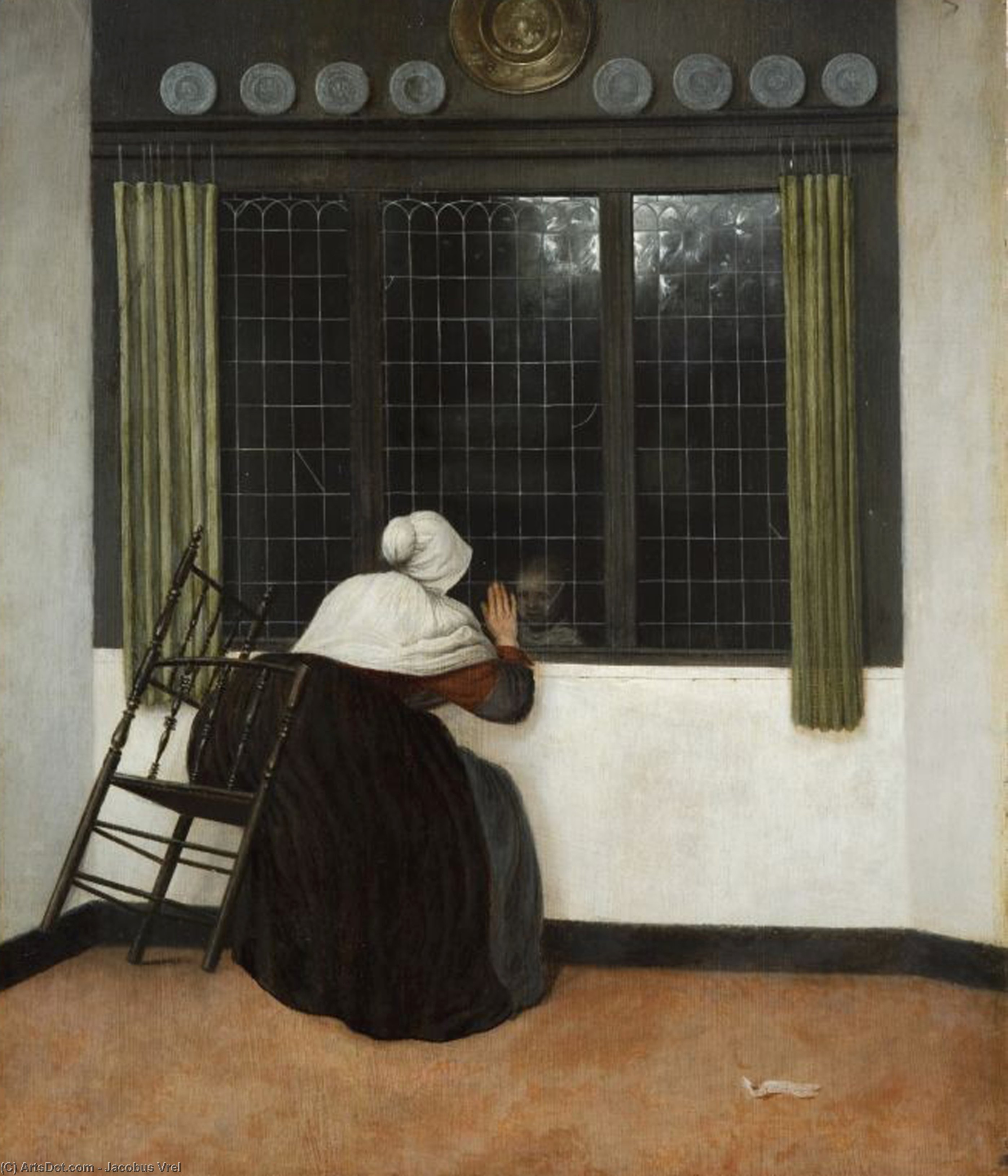 在窗前向女孩揮手的女人 by Jacobus Vrel - 1650 - 47.5 x 39.2 cm 