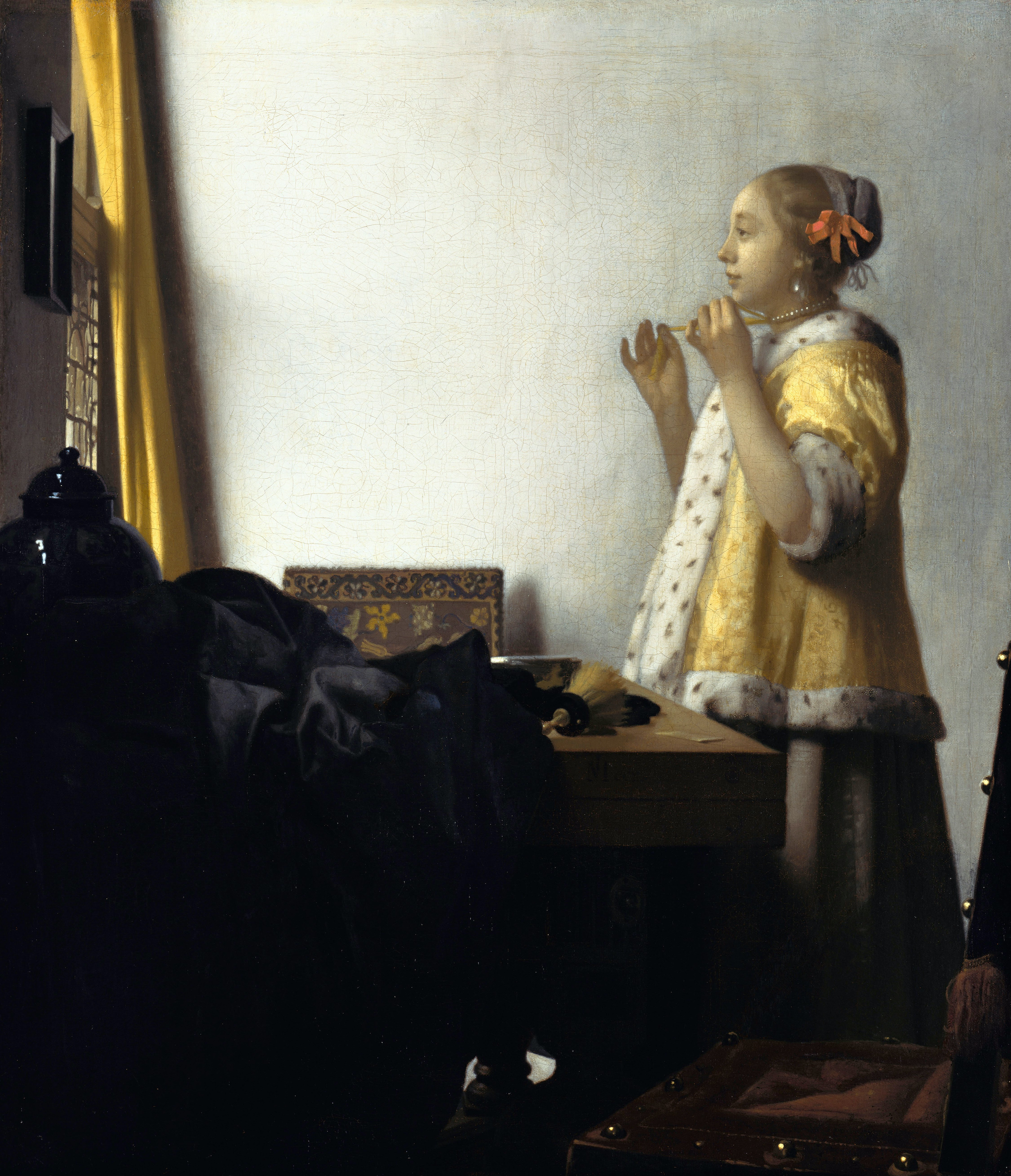 Young Woman with a Pearl Necklace by Johannes Vermeer - around 1662 - 56.1 x 47.1cm Gemäldegalerie