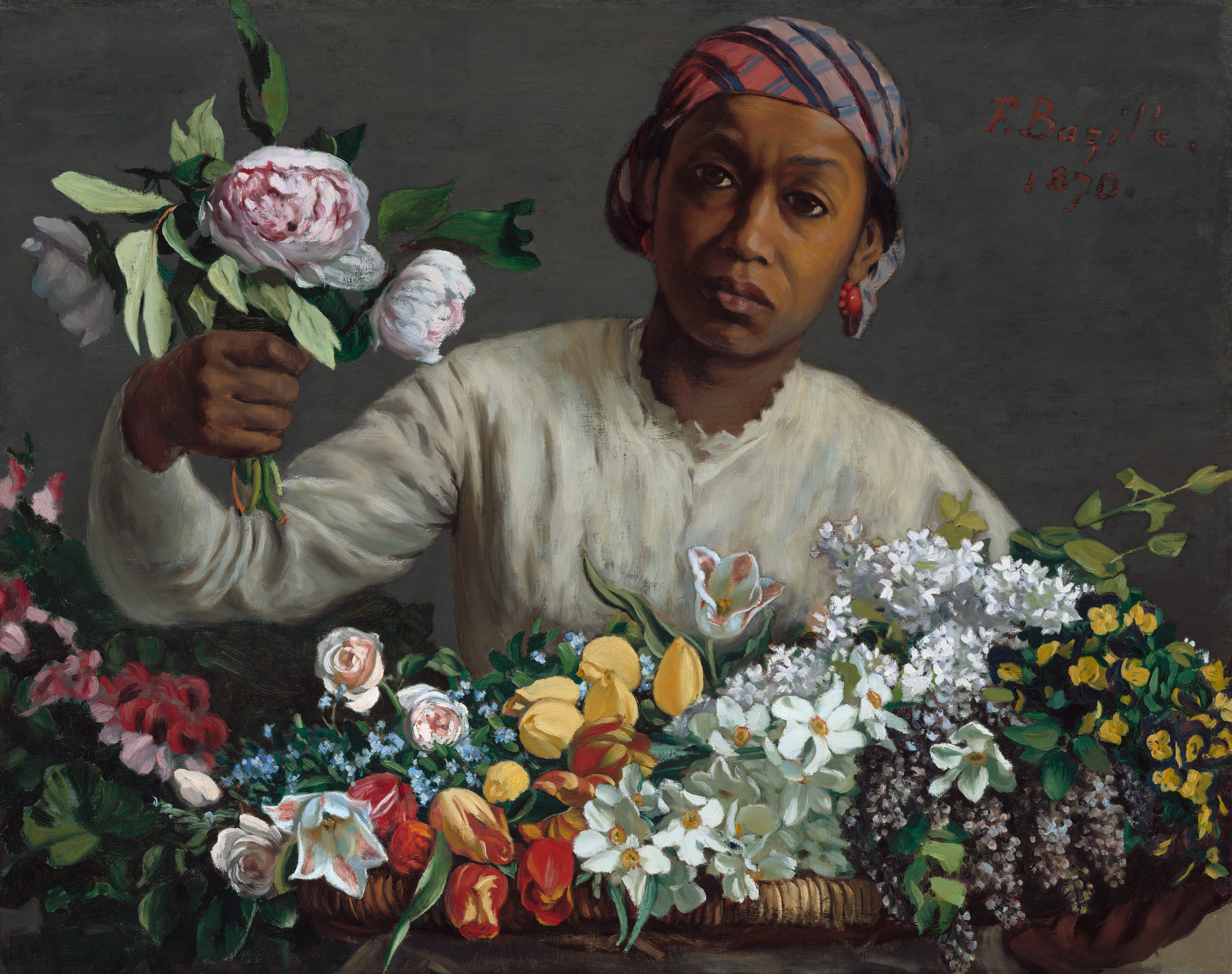 모란꽃을 든 젊은 여인 by Frédéric Bazille - 1870 - 60 x 75 cm 