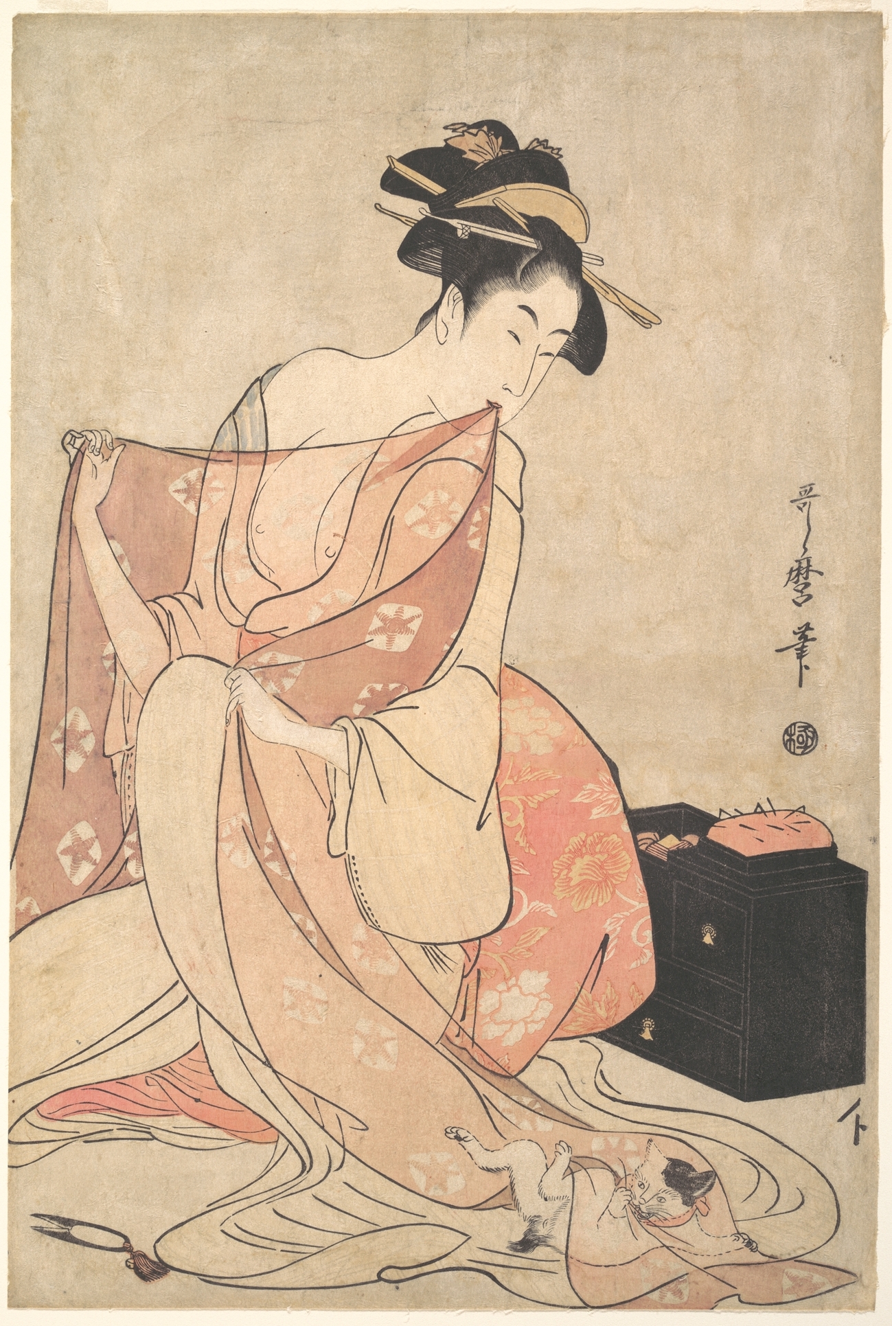एक औरत और एक बिल्ली by Kitagawa Utamaro - १७९३ - ९४ ई. - 38.4 x 25.9 cm 