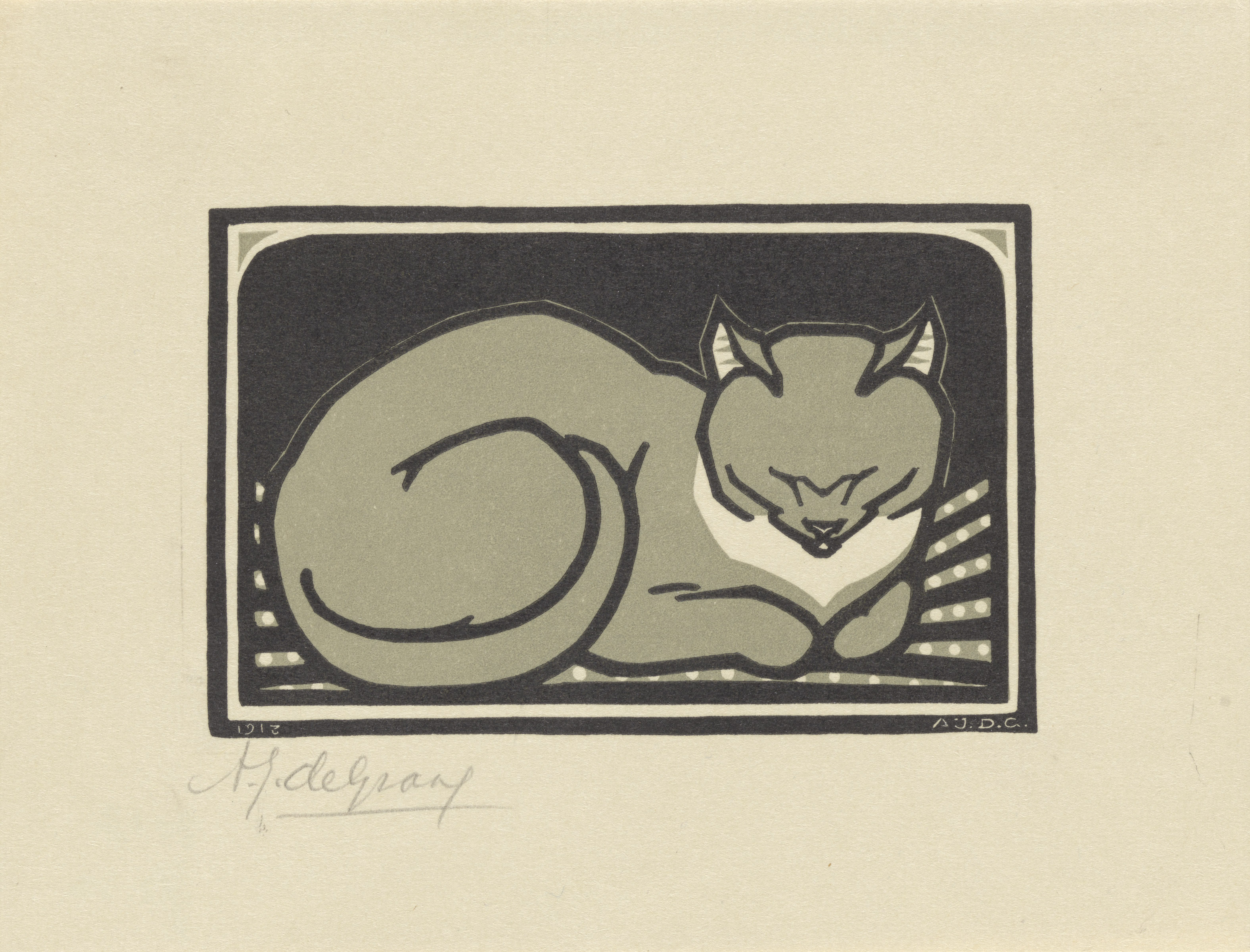 누워있는 고양이 by Julie de Graag - 1918 - 12 x 15,5 cm 