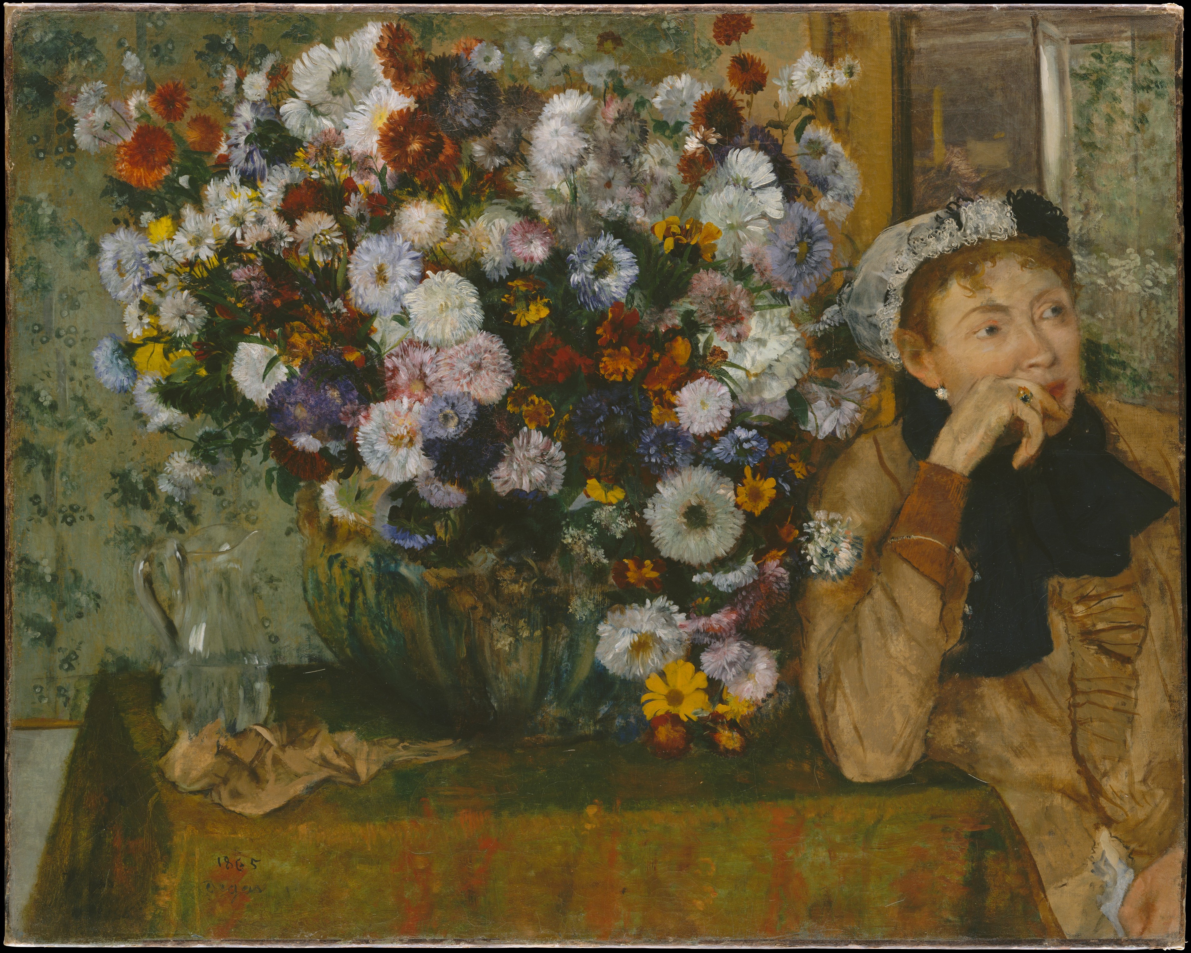 Een vrouw zittend naast een vaas met bloemen (Madame Paul Valpinçon?) by Edgar Degas - 1865 - 73.7 x 92.7 cm 