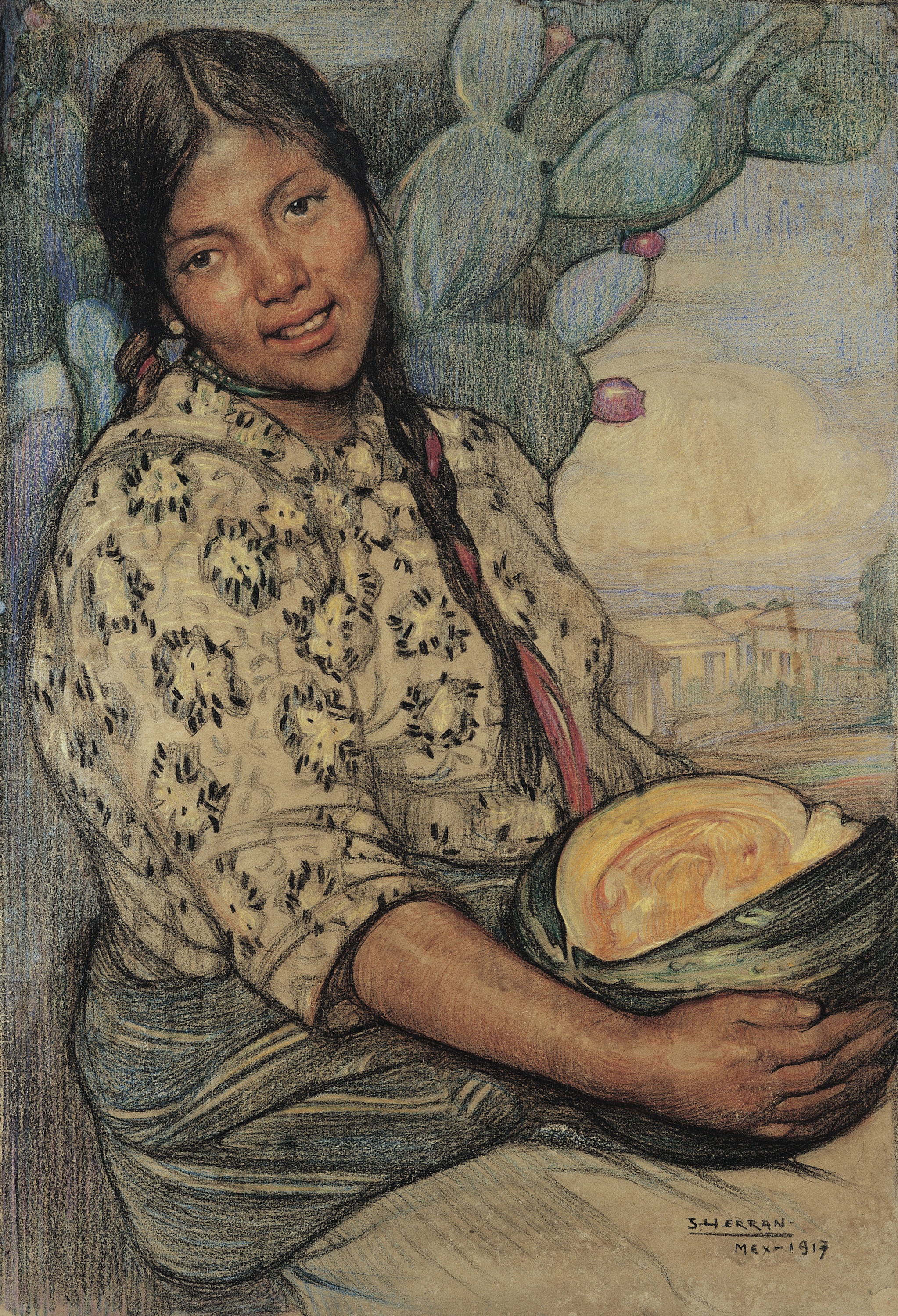호박을 들고 있는 젊은 여인(Young woman with Pumpkin) by Saturnino Herrán - 1917 - 57 x 39 cm 