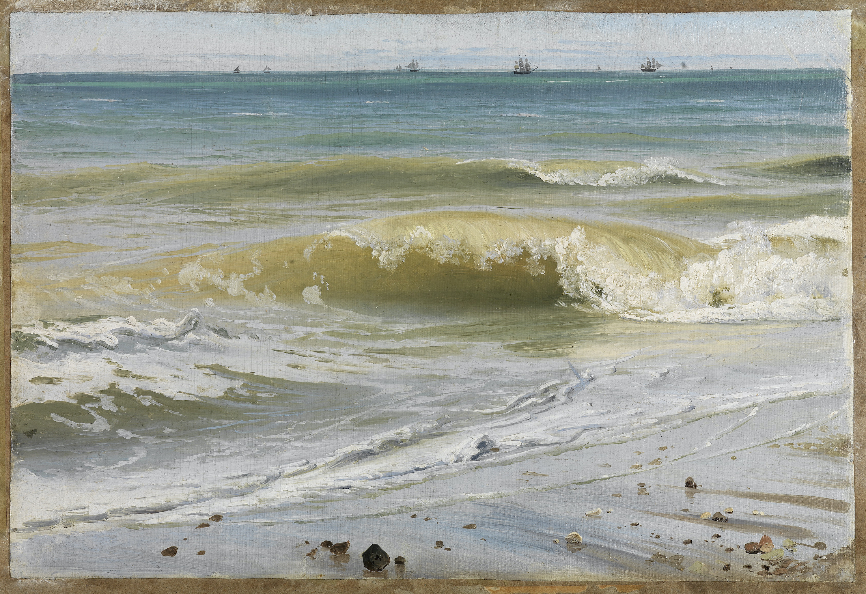 तटीय लहरें के साथ क्षितिज पर स्थित जहाज़ by Johann Wilhelm Schirmer - १८३६ - ३०.५ x ४३.४ से.मी. 