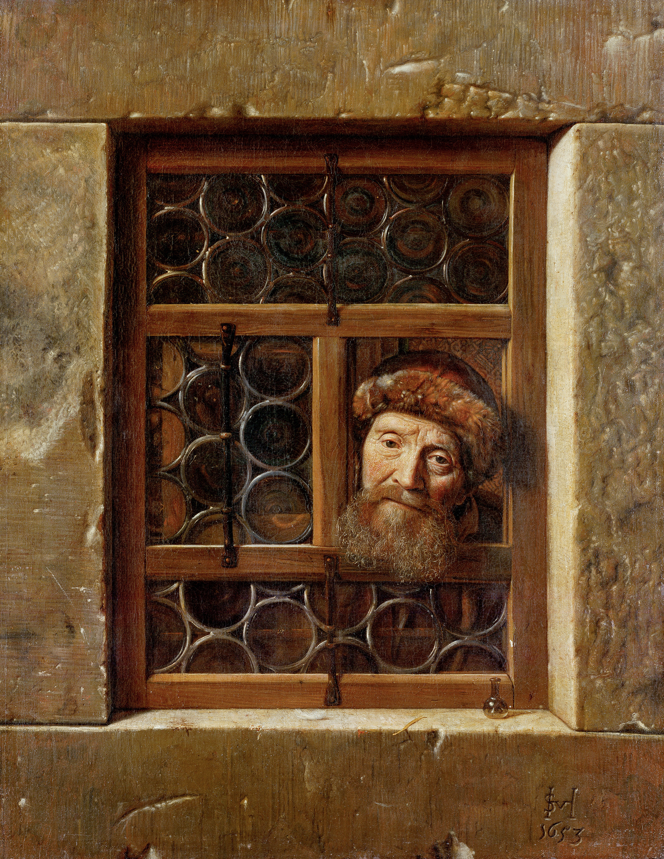 Stary mężczyzna wyglądający przez okno by Samuel van Hoogstraten - 1653 - 111 cm × 86,5 cm 