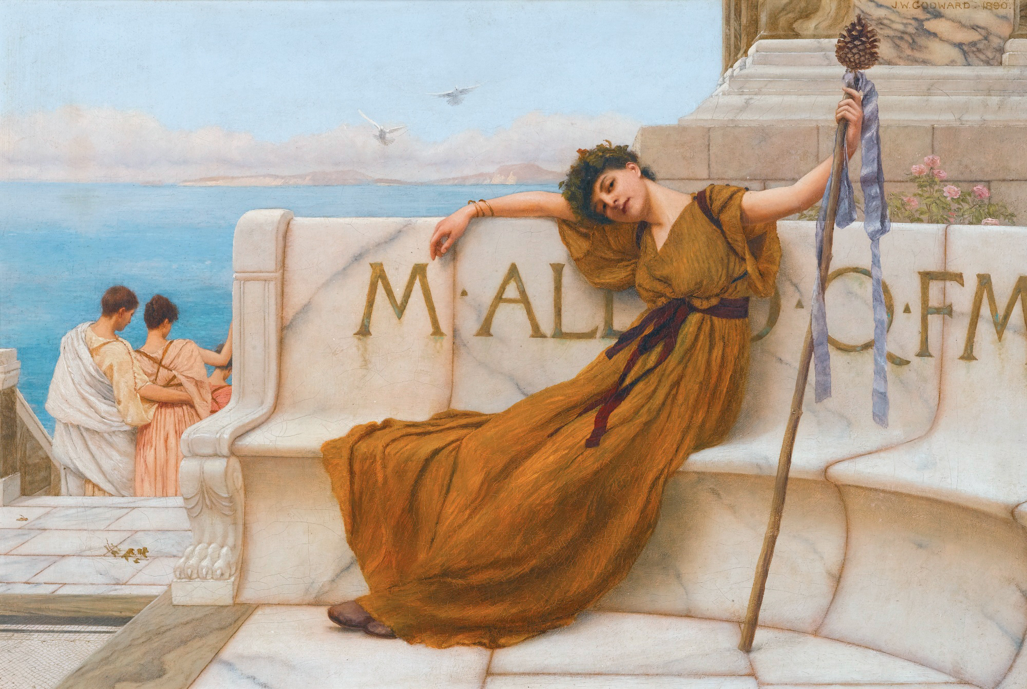 바쿠스의 여사제(A Priestess of Bacchus) by John William Godward - 1890 - 29 cm x 45 cm 