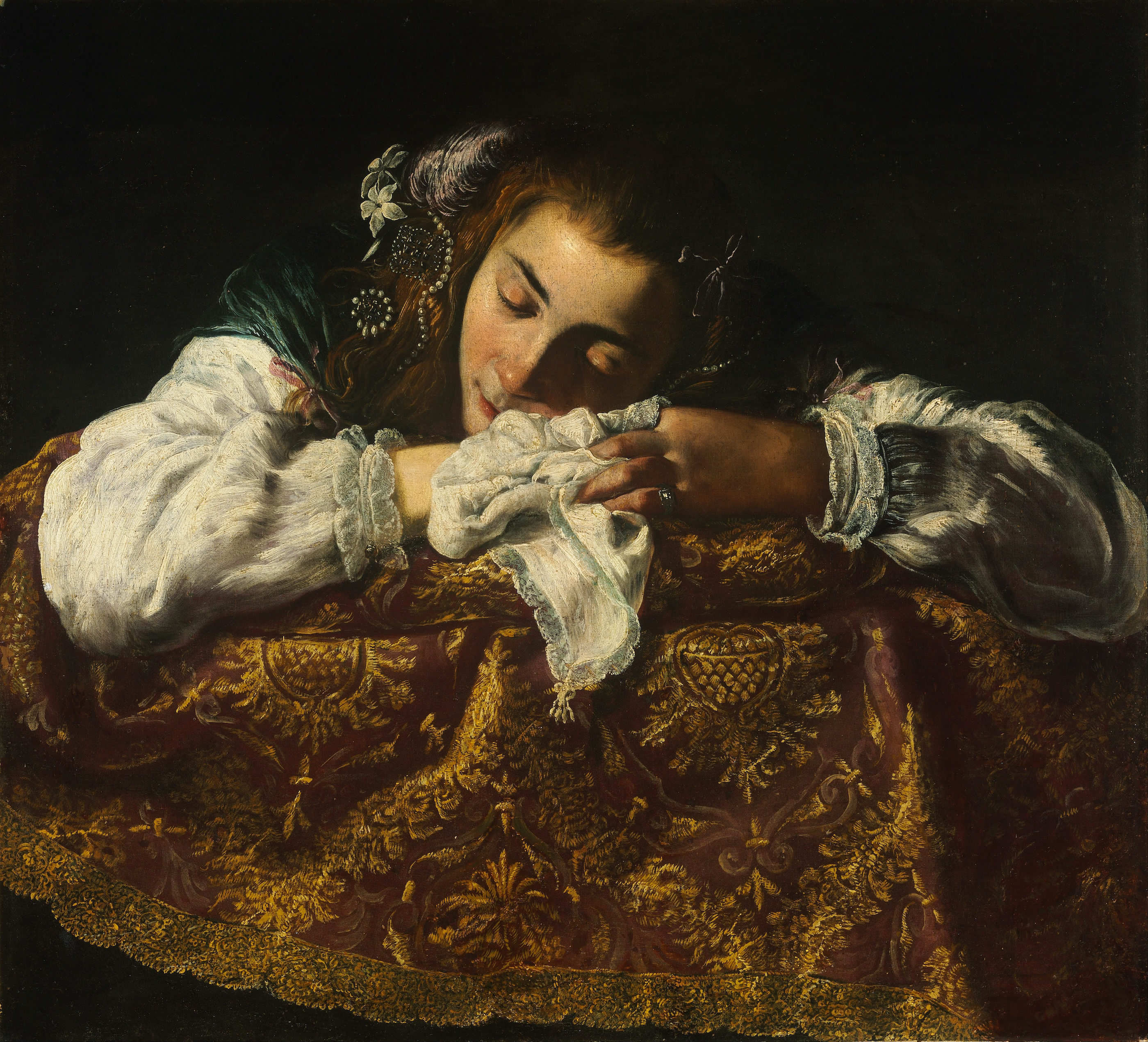 فتاة نائمة by غير معروف فنان - 1620 - 1622 - 67.5 سم في 74 سم 
