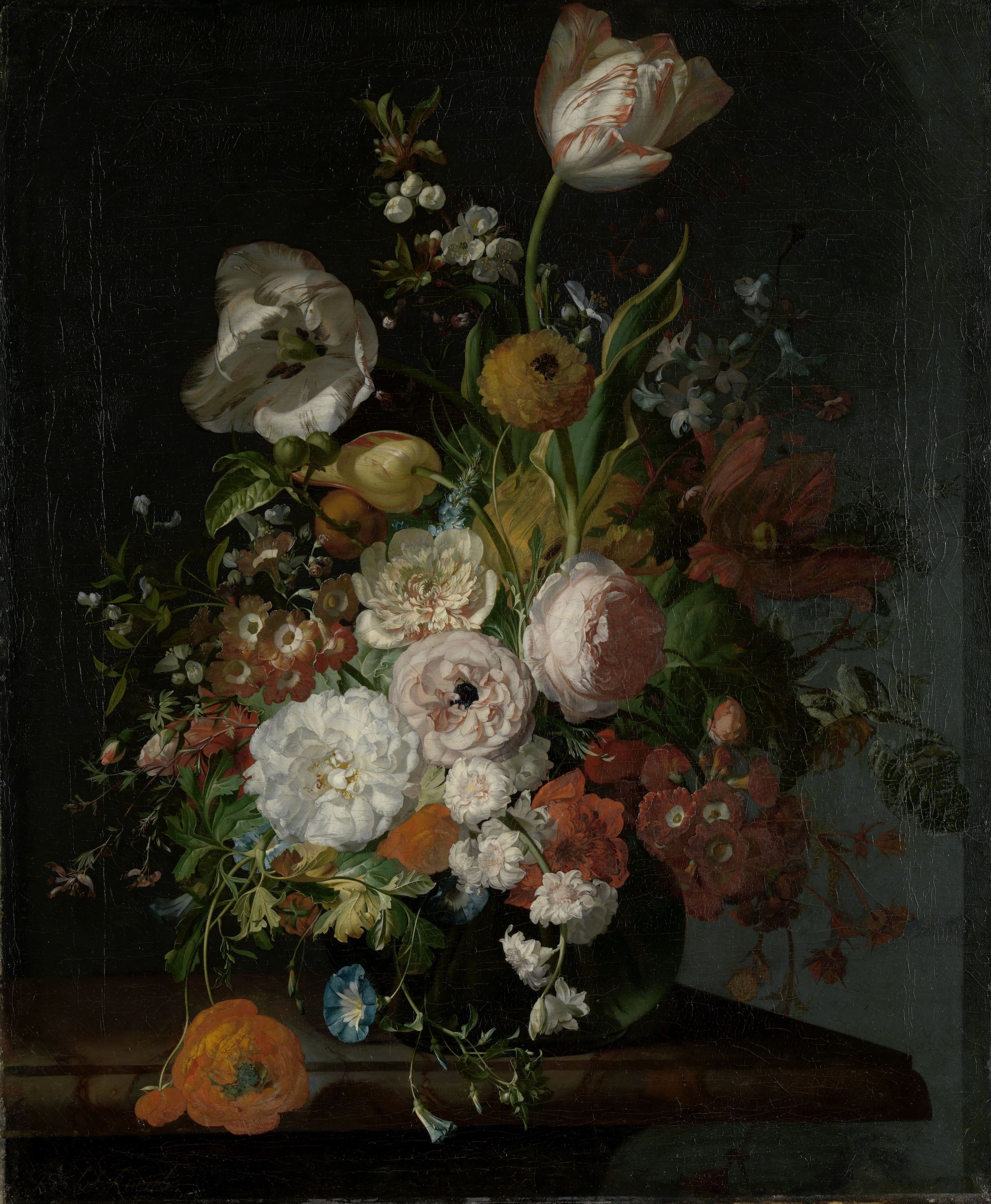 طبیعت بی‌جان با گل‌ها در گلدان شیشه‌ای by Rachel Ruysch - حدود ۱۶۹۰ تا حدود ۱۷۲۰ - ۶۵ × ۵۳.۵ سانتی‌متر 