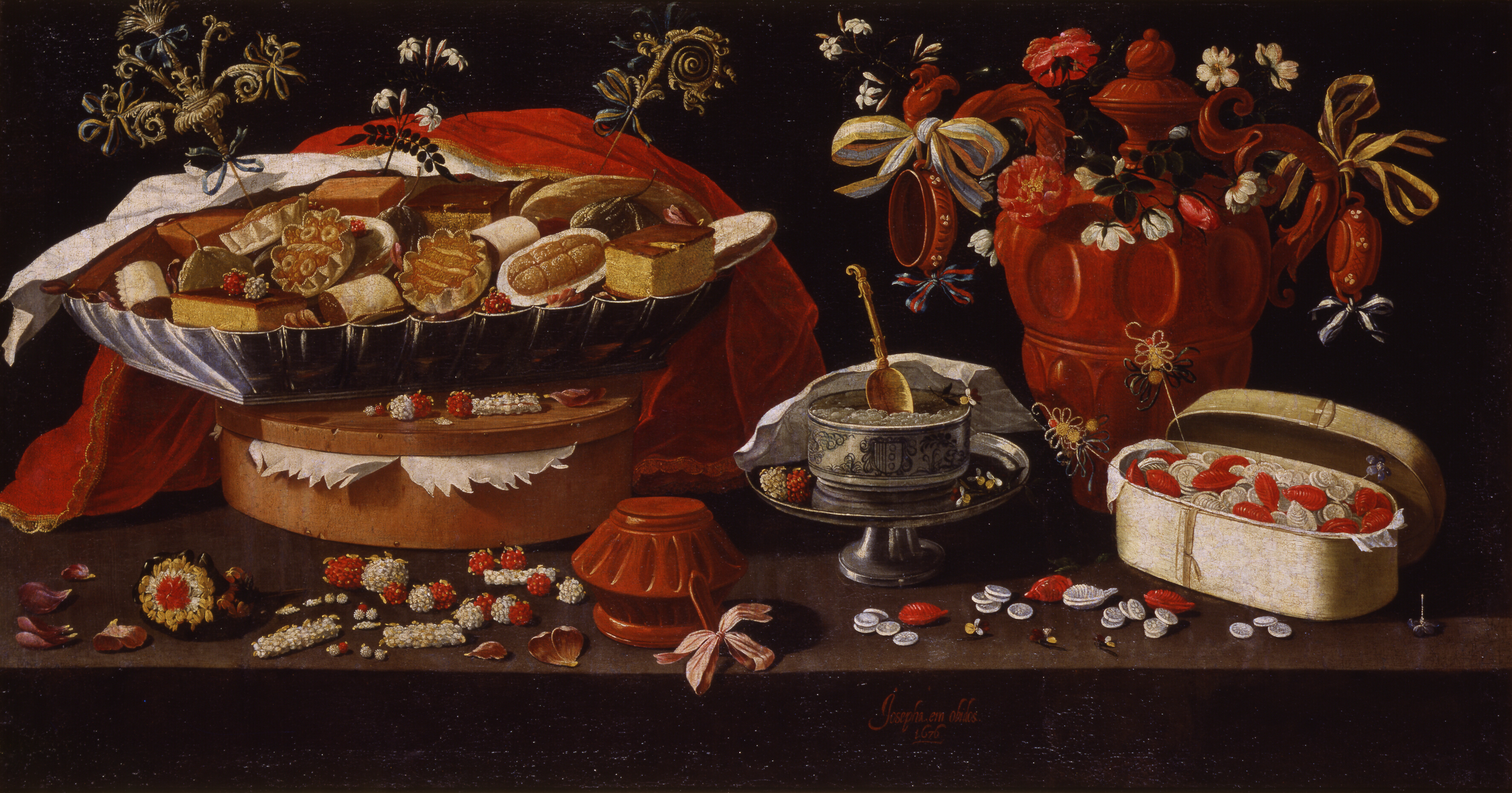 静物画：糖果和粘土 by 何塞法 · 德 · 奥比多斯 - 1676 - 84 x 160,5 cm 歐洲數位圖書館
