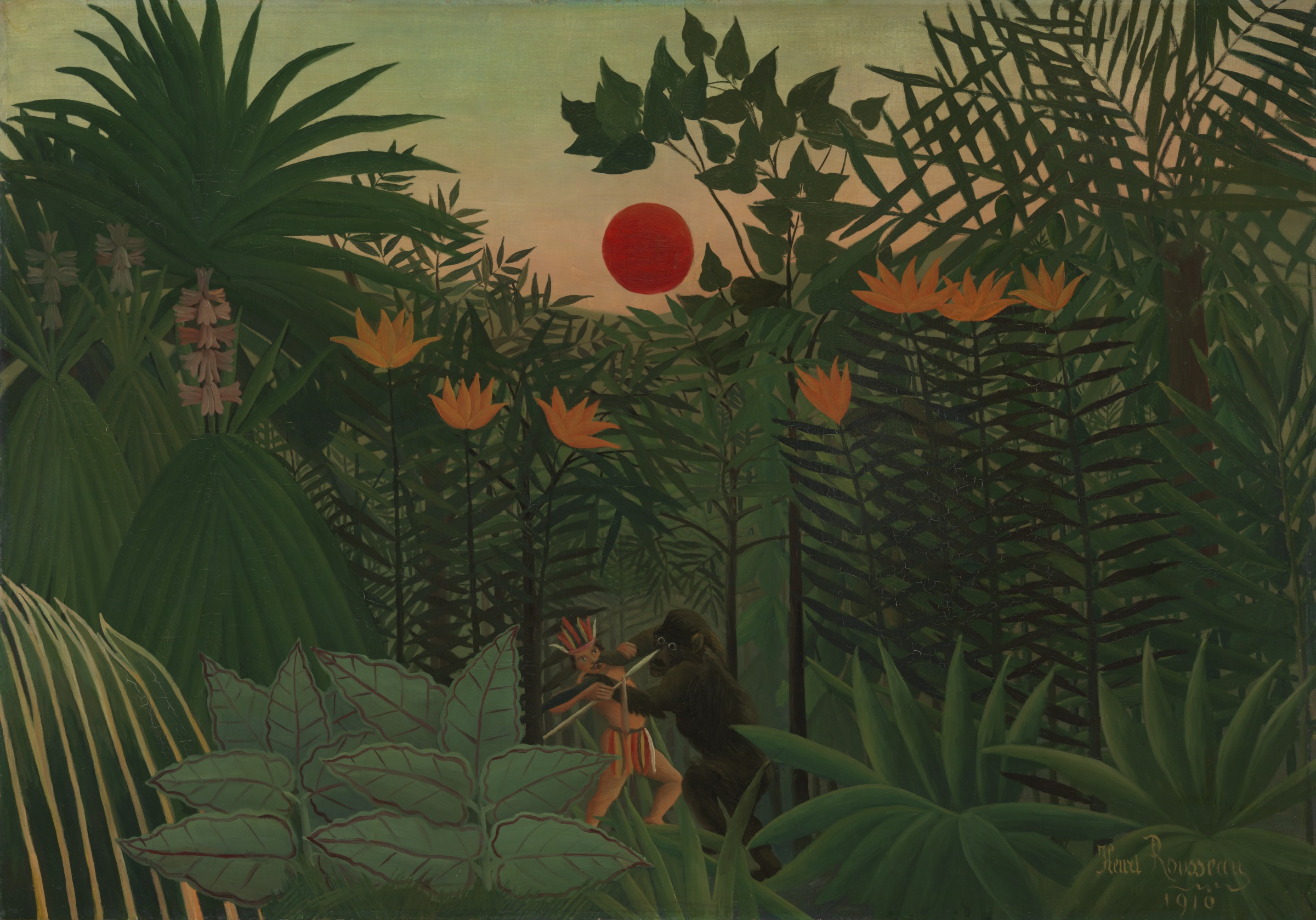 Tropical Landscape - An American Indian Struggling with a Gorilla by Henri Rousseau - 1910 - 44 3/4 x 64 in. Virginia Museum of Fine Arts