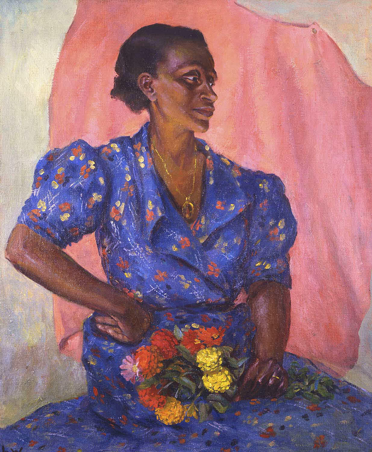 Woman with Bouquet by Laura Wheeler Waring - ca. 1940 - 76.2 x 63.5 cm Brooklyn Museum
