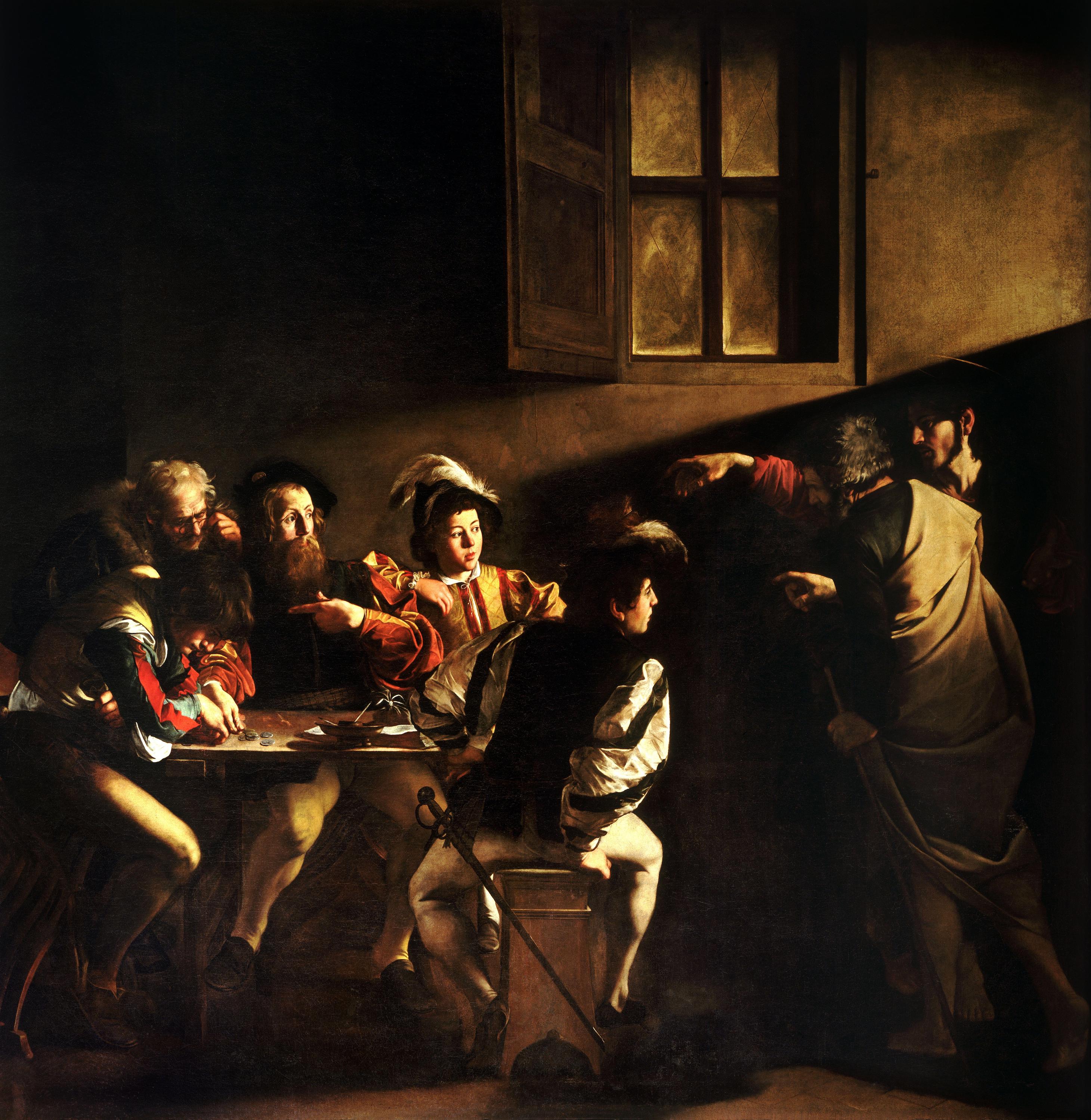 The Calling of St. Matthew by  Caravaggio - 1599–1600 - 322 cm × 340 cm San Luigi dei Francesi, Rome