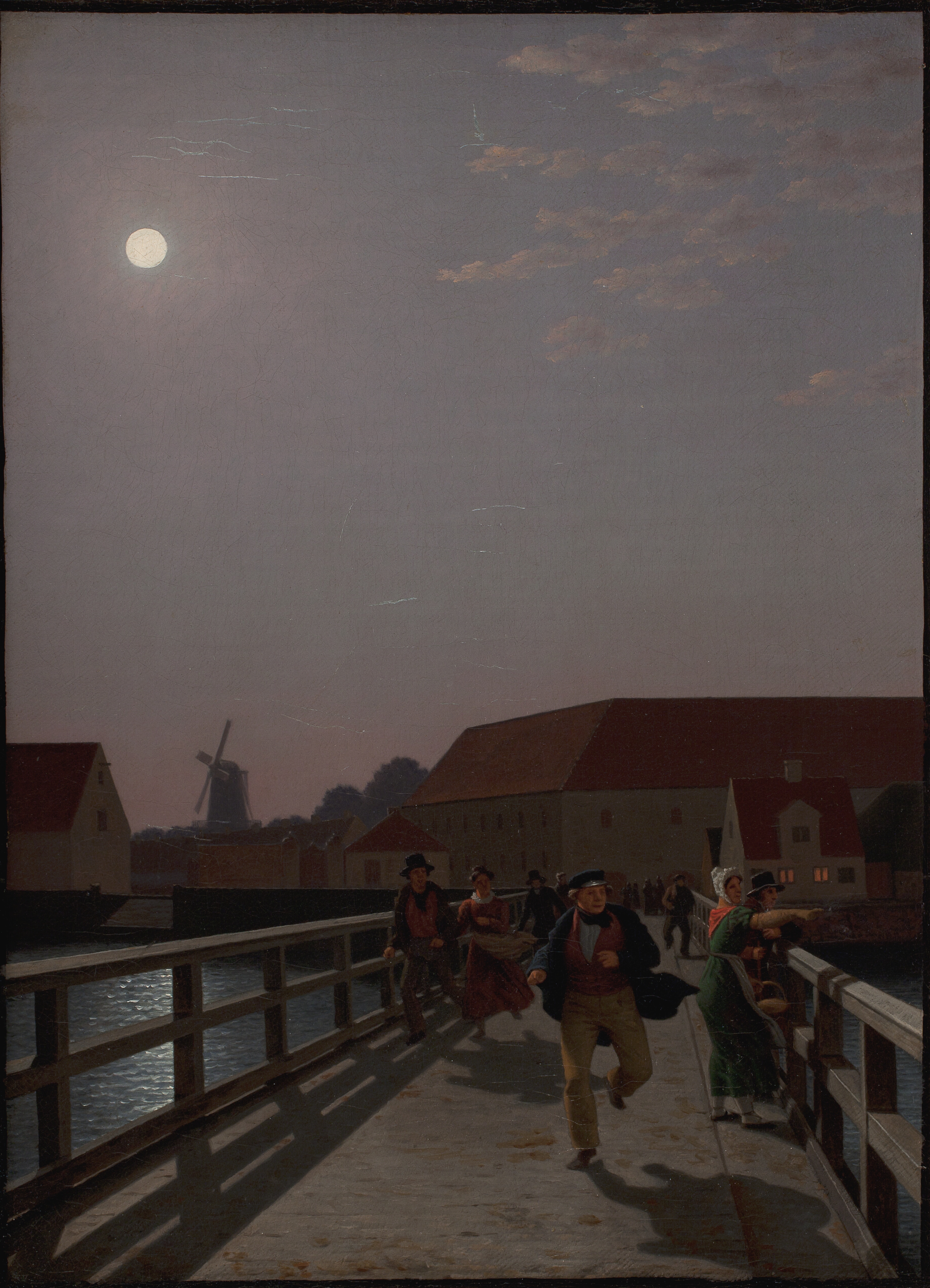 لانگبرو، کپنهاگ، در نور مهتاب با پیکرهای دونده by C.W. Eckersberg - ۱۸۳۵ - ۴۵.۵ × ۳۳.۵ سانتی‌متر 