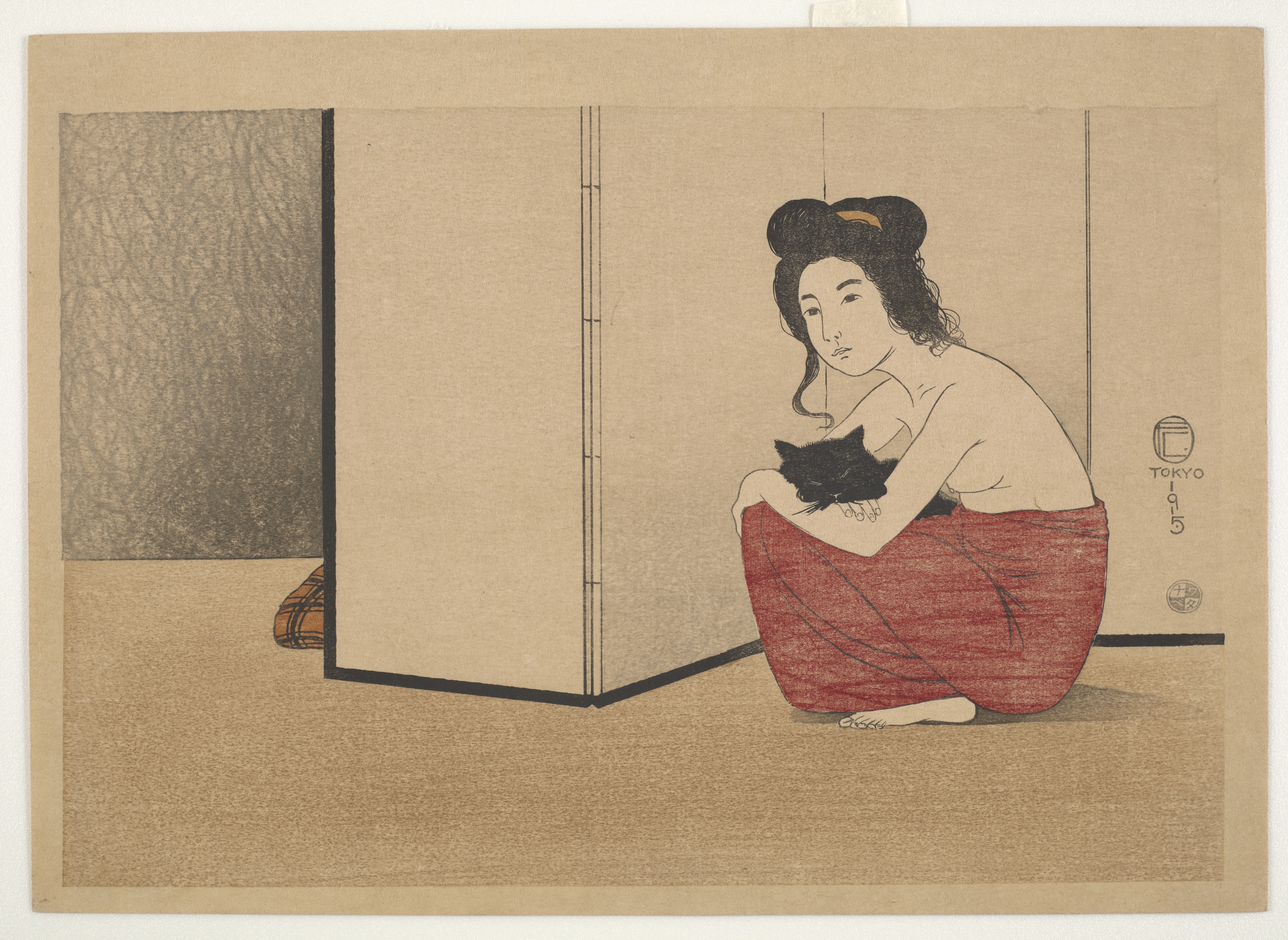 검은 고양이를 안고 있는 나체의 여인(Nude Woman Holding a Black Cat) by Fritz Capelari - 1915 - 21 x 31.3 cm 