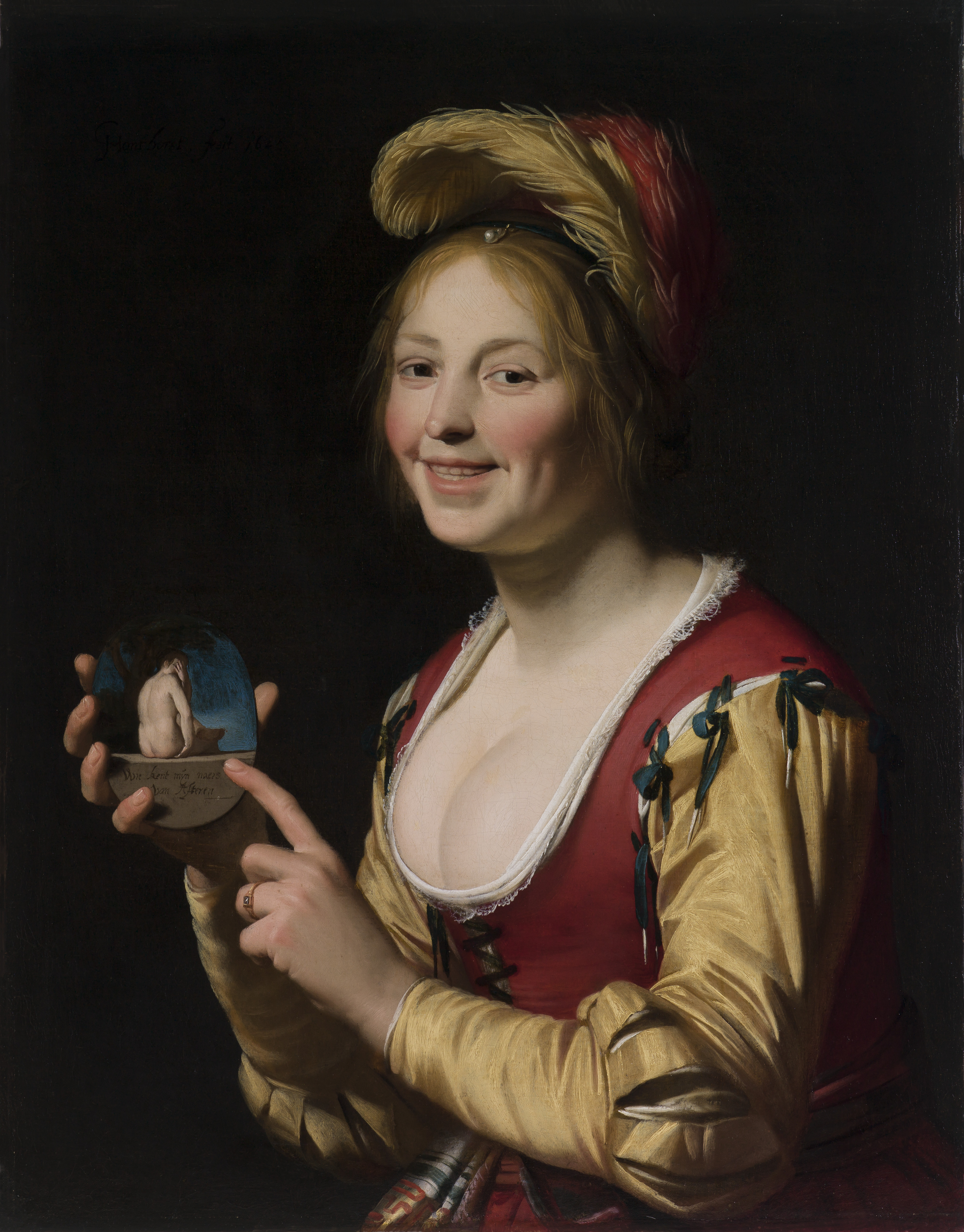 Χαμογελαστό κορίτσι, μία εταίρα, που κρατάει μία άσεμνη εικόνα by Χέραρντ φαν Χόντχορστ - 1625 - 81,3 x 64,1 εκ. 