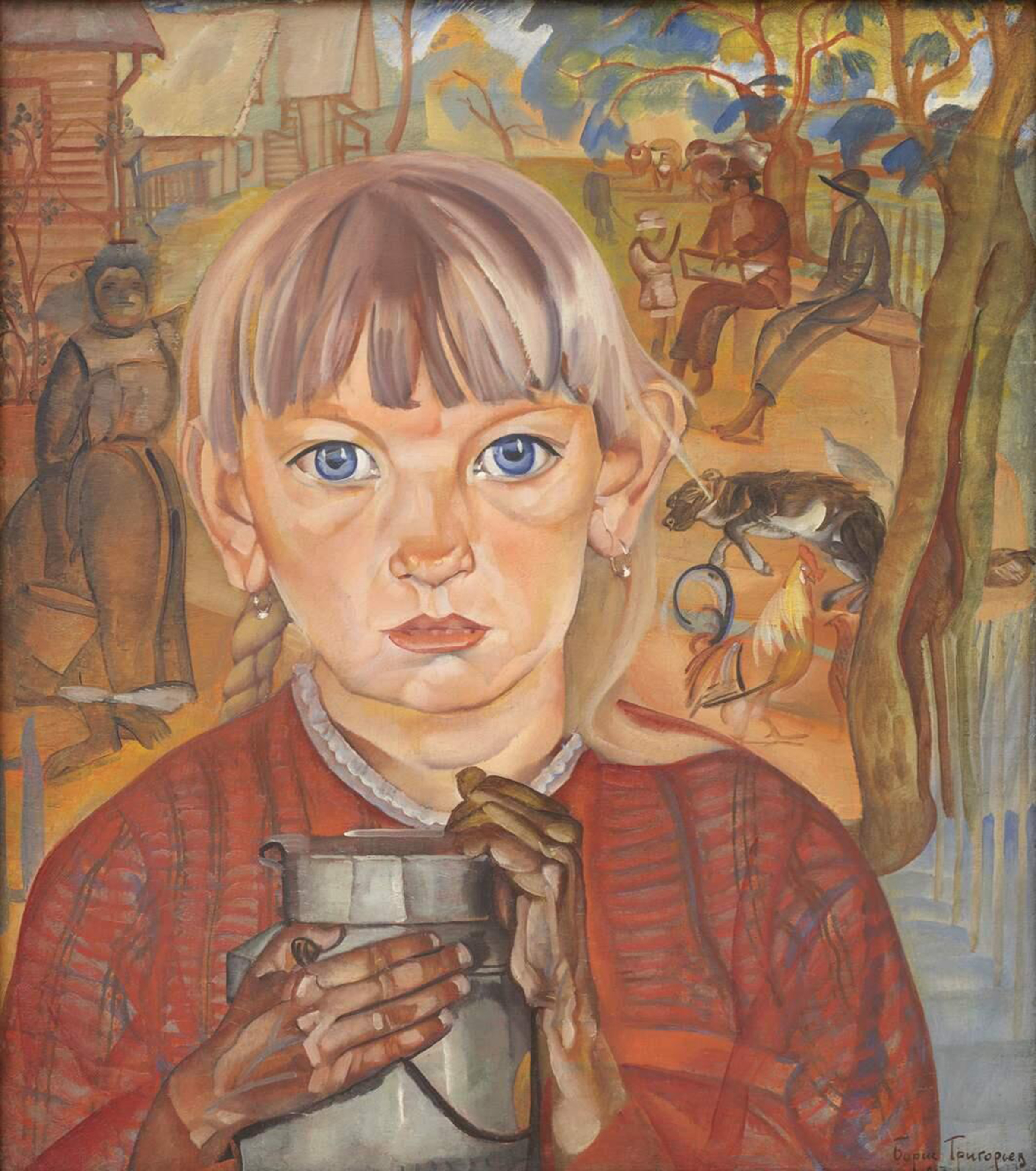 دختر و کره‌گیر (صبح در روستا) by Boris Dmitriyevich Grigoriev - ۱۹۱۷ - ۷۱ х ۶۲ سانتی‌متر 